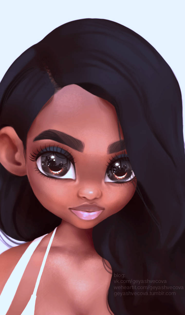 Anime Black Girl Baddie, black hair, large expressive eyes, SD Phone Wallpaper