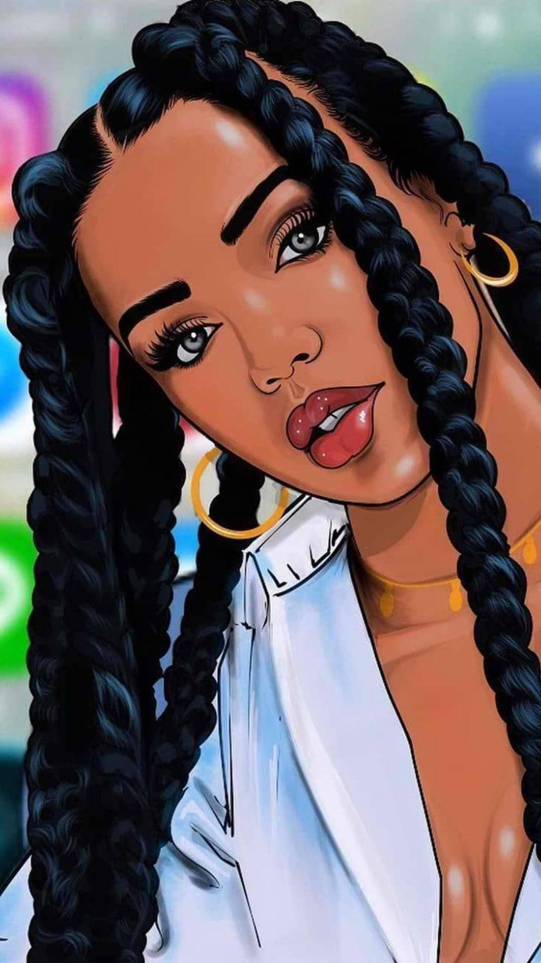cute black girl, interlaced hair, long black braids, Full HD Phone Wallpaper