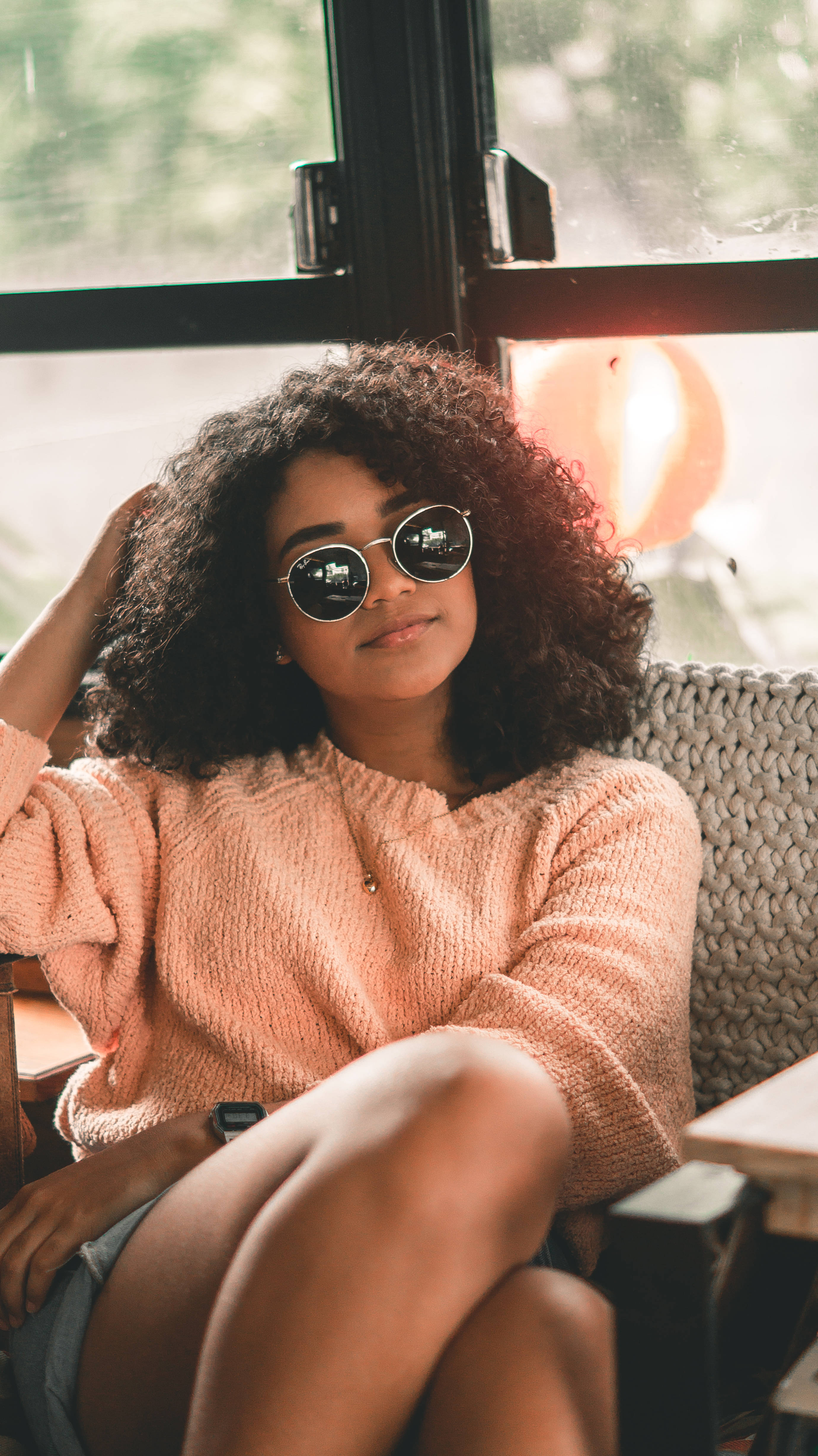 sitting black girl, curly hair, round sunglasses, 4K Phone Wallpaper