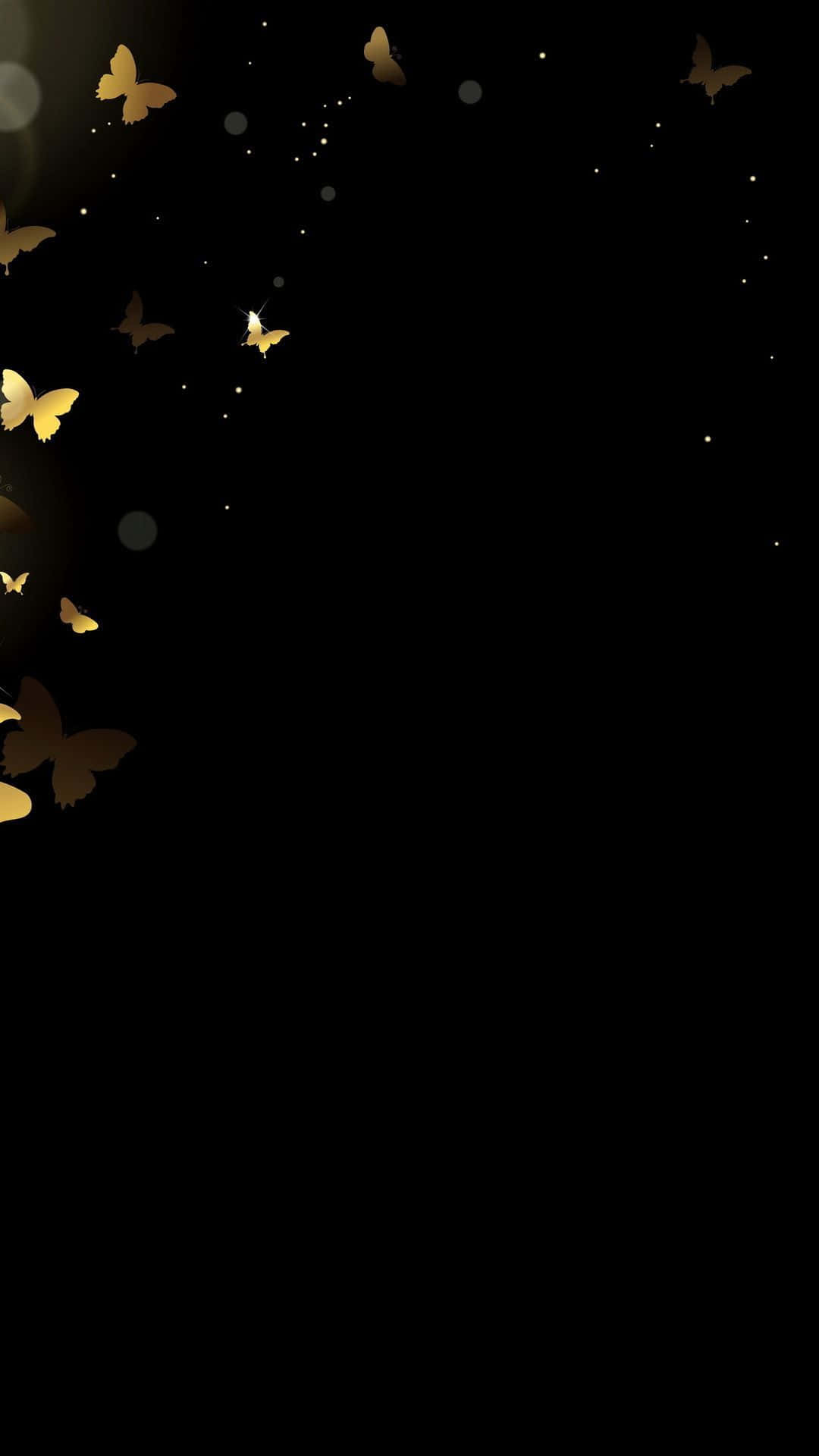 golden butterflies, bokeh lights, deep black background, Full HD Phone Wallpaper