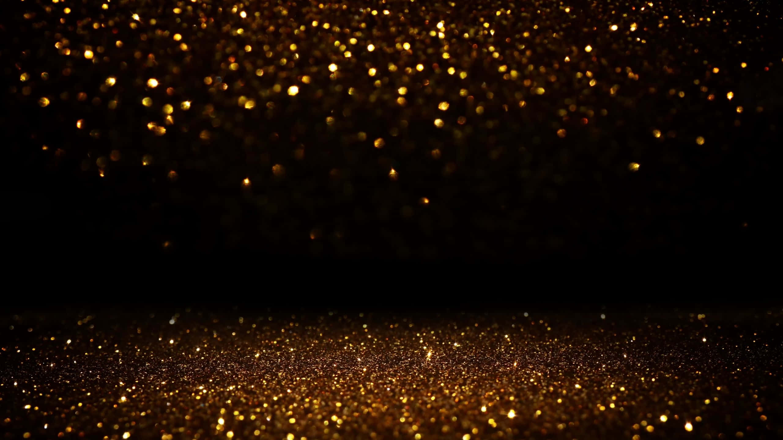 black and gold glitter, golden glitter particles, deep black background, 2K Desktop Wallpaper
