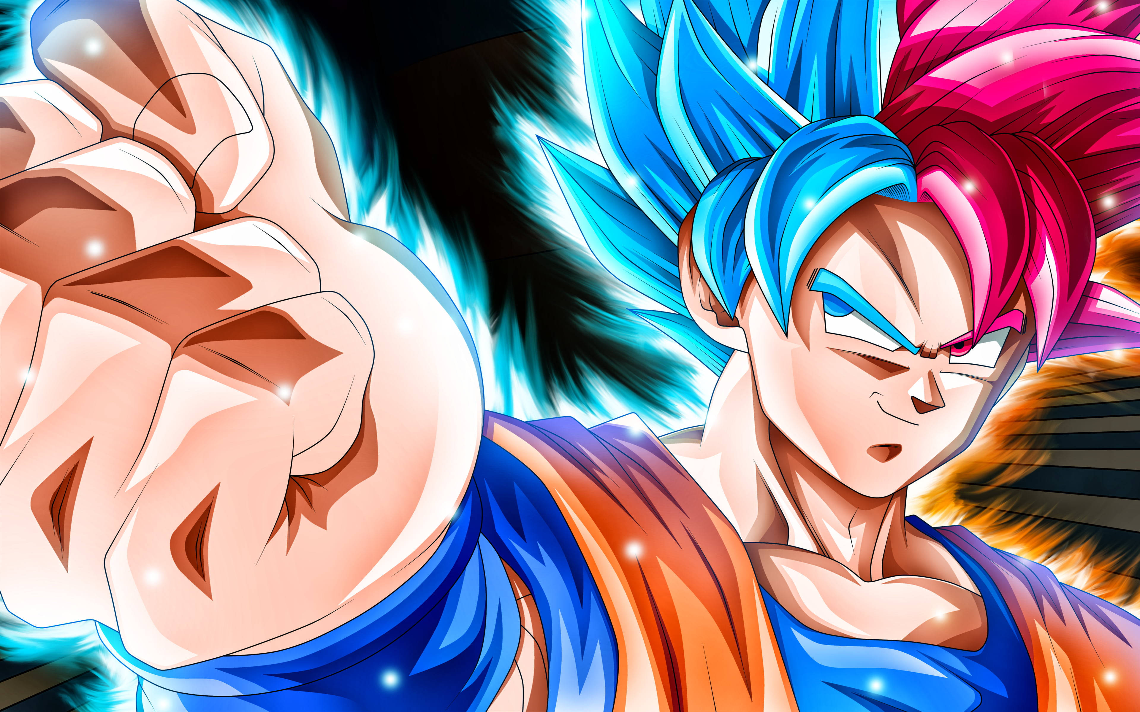 Black Goku Rose, blue and pink spiky hair, glowing energy aura, 4K Desktop Wallpaper