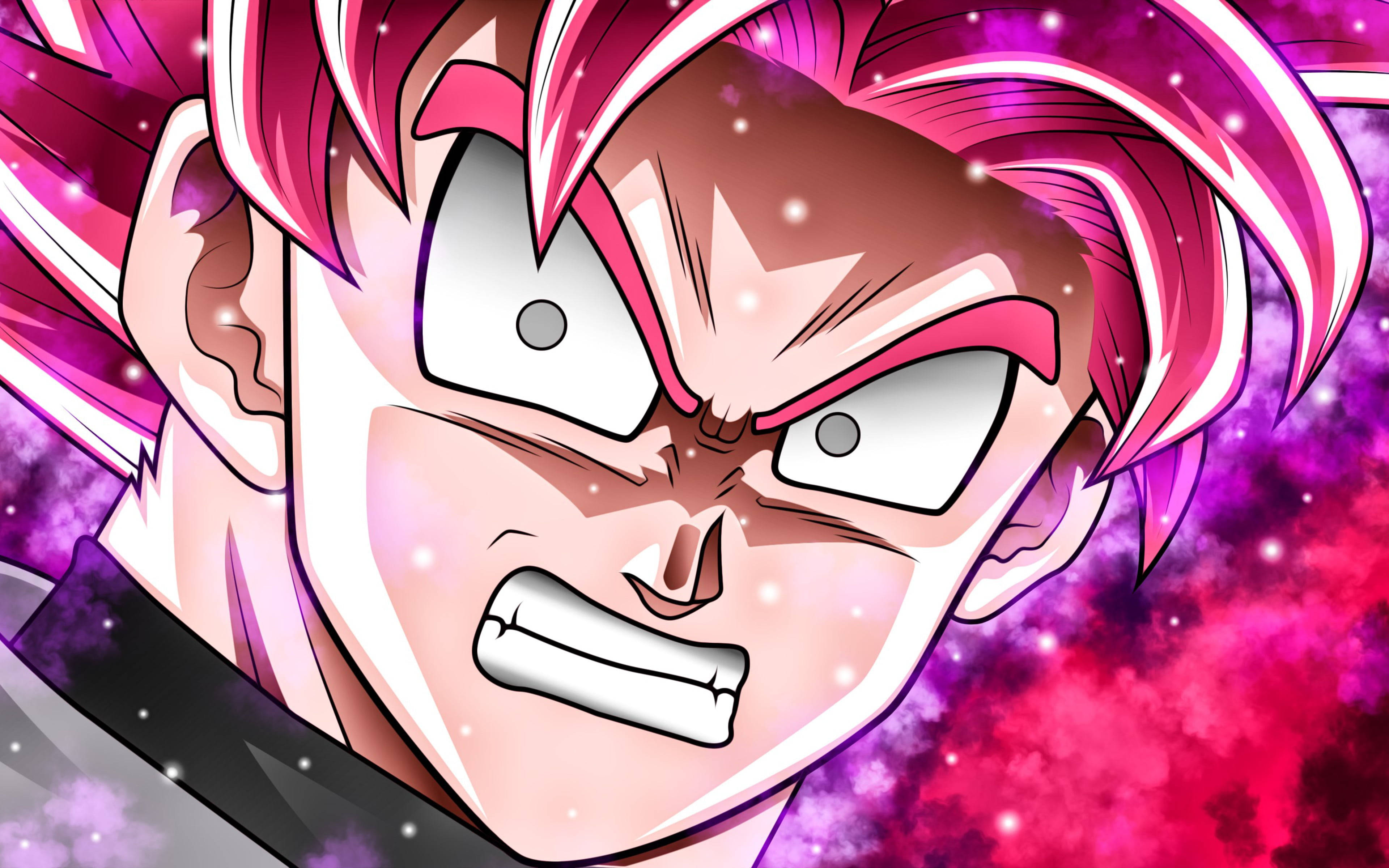 Black Goku Rose, pink spiky hair, intense eyes, 4K Desktop Wallpaper