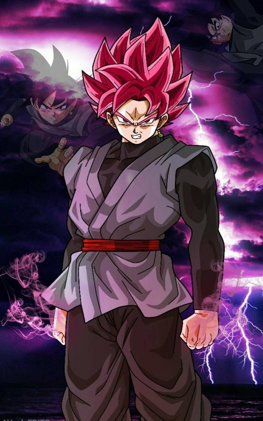 Black Goku, spiky pink hair, stormy purple sky, HD Phone Wallpaper