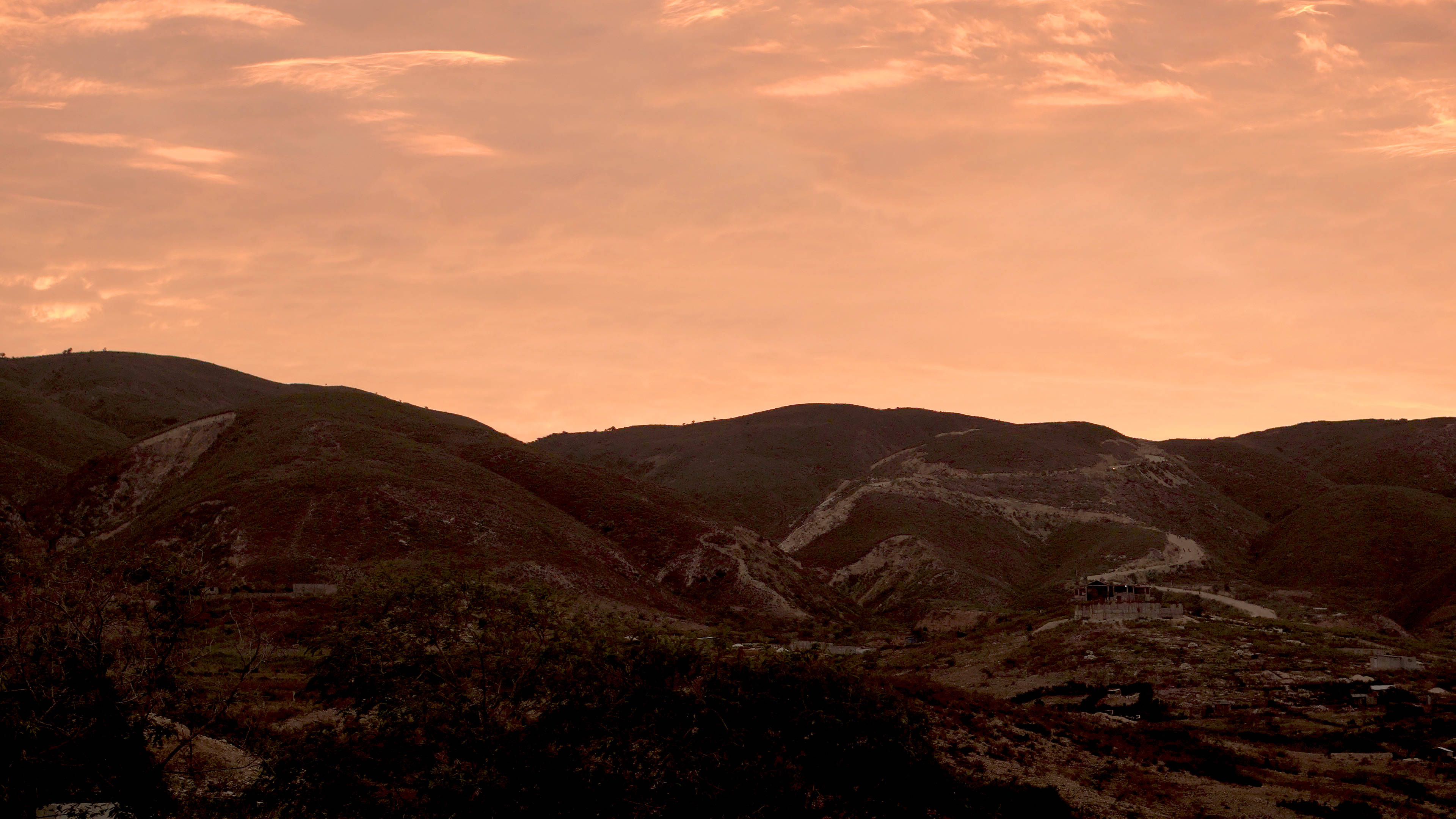 Mountain Ranges, Black HD Desktop, warm orange sunset sky, 4K Desktop Wallpaper