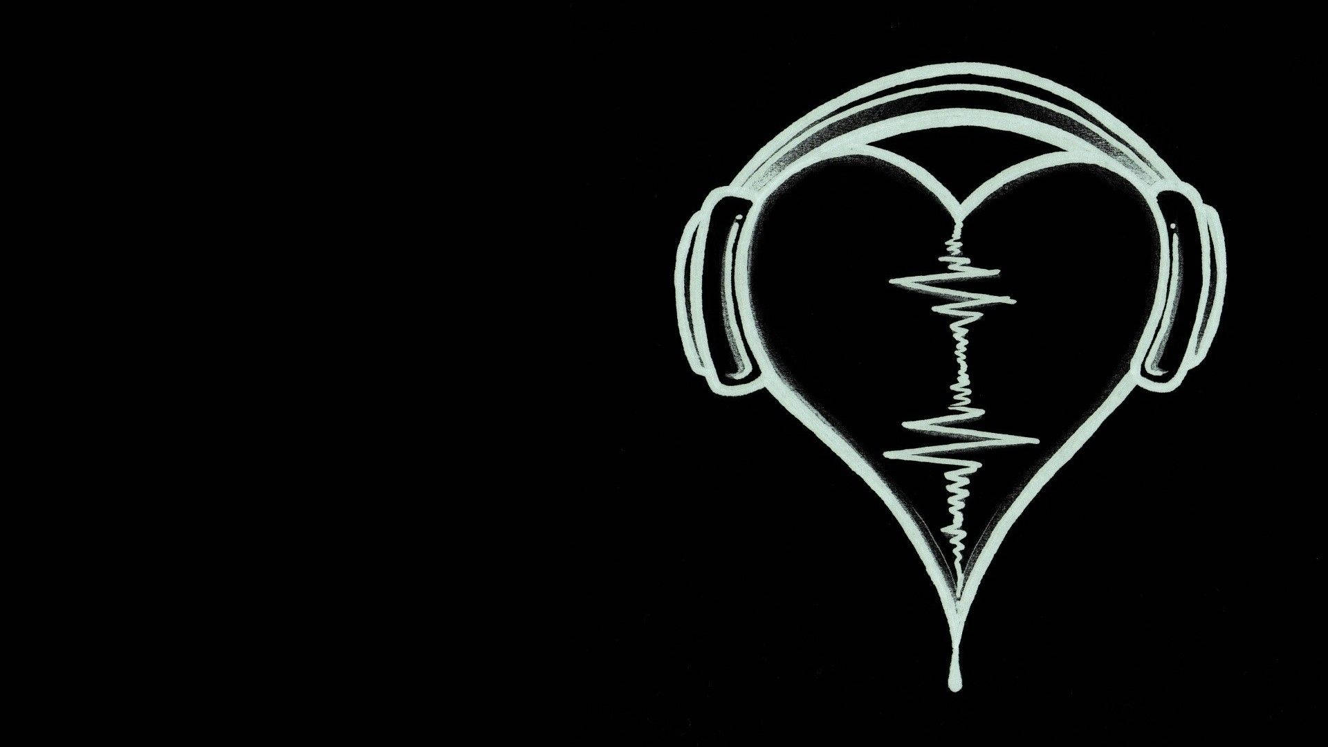 Black Heart Aesthetic, white heart-shaped headphone outline, soundwave lines, Full HD Desktop Wallpaper