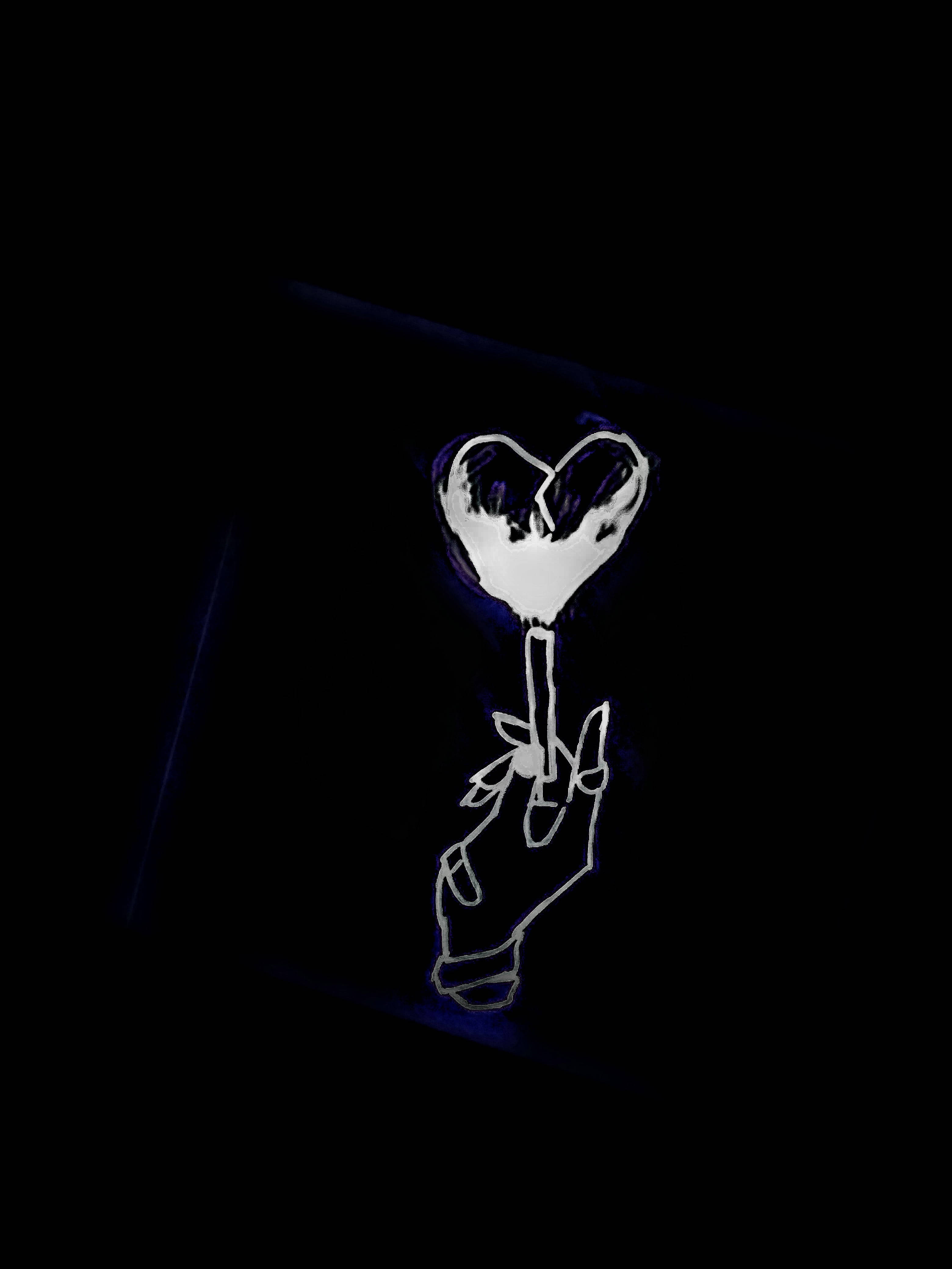 black heart aesthetic, glowing white outline, broken heart, 4K Phone Wallpaper