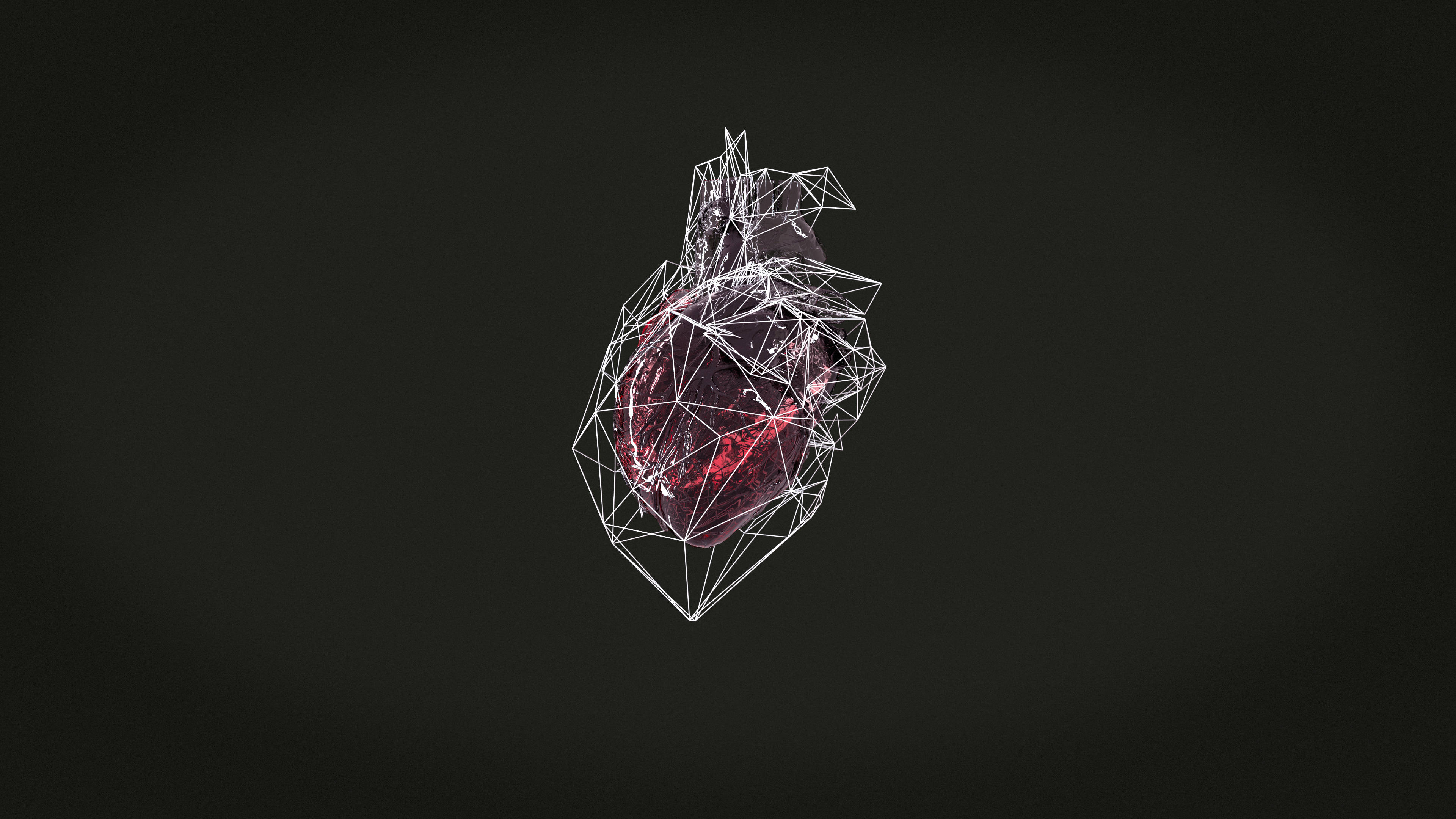 Bejeweled Black Heart Aesthetic, glowing red heart, white geometric wireframe structure, 4K Desktop Wallpaper