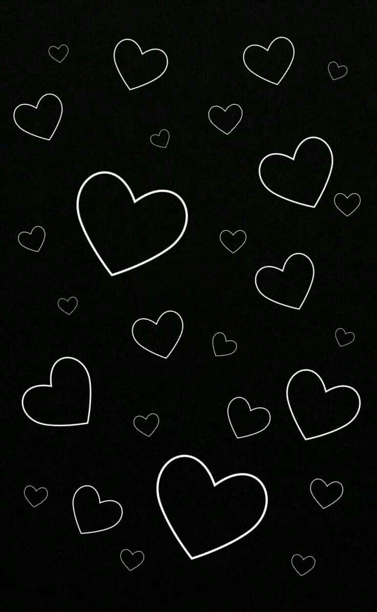 Black Heart Aesthetic, white outlined hearts, solid black background, SD Phone Wallpaper