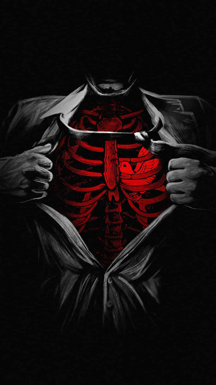 Black Heart iPhone, glowing red ribcage, black background, HD Phone Wallpaper