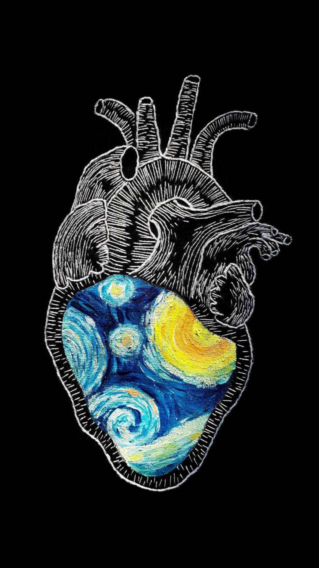 Black Heart, Starry Night, Van Gogh-style, Full HD Phone Wallpaper
