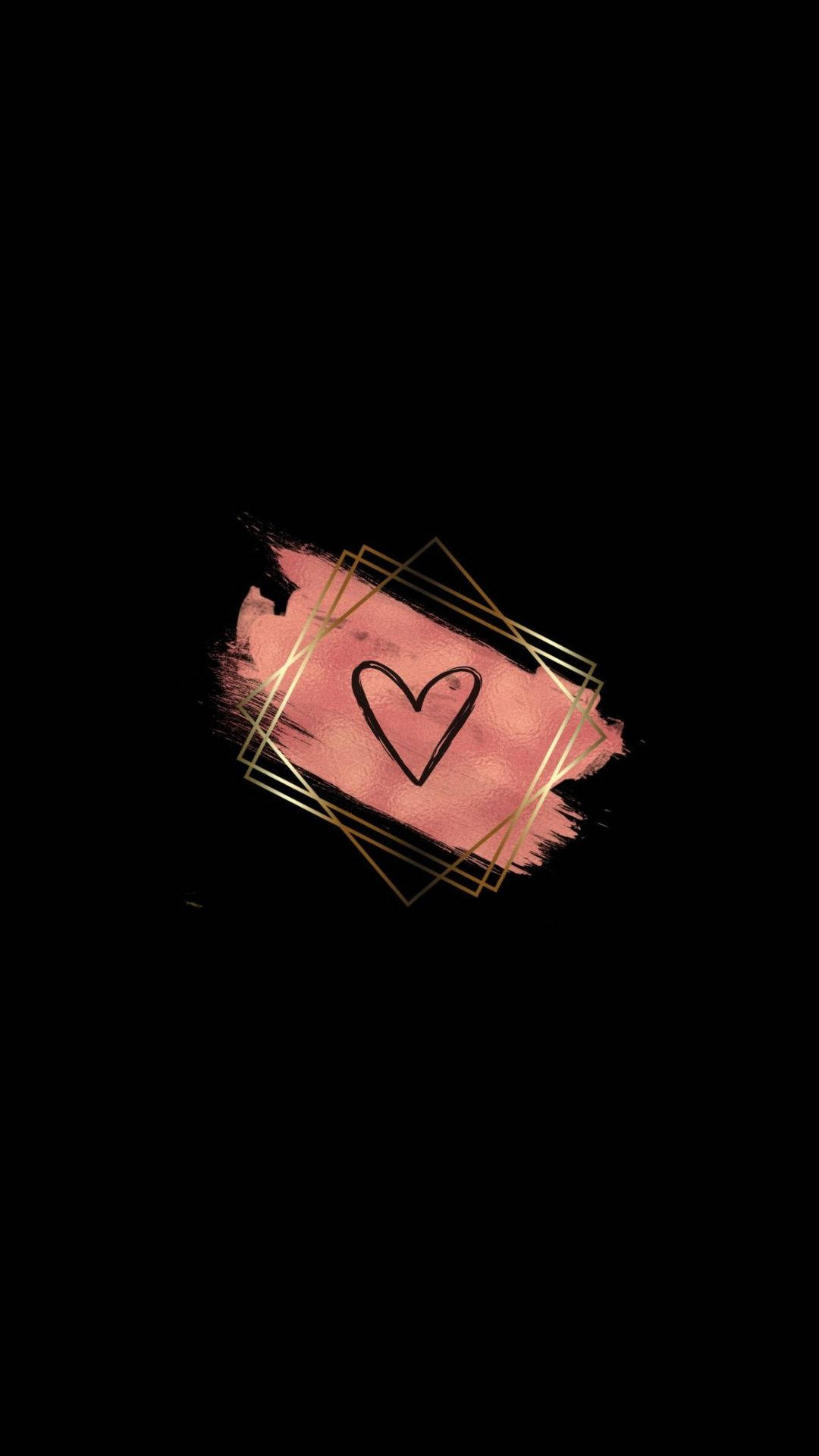 Black Heart, pink watercolor heart, gold geometric lines, Full HD Phone Wallpaper