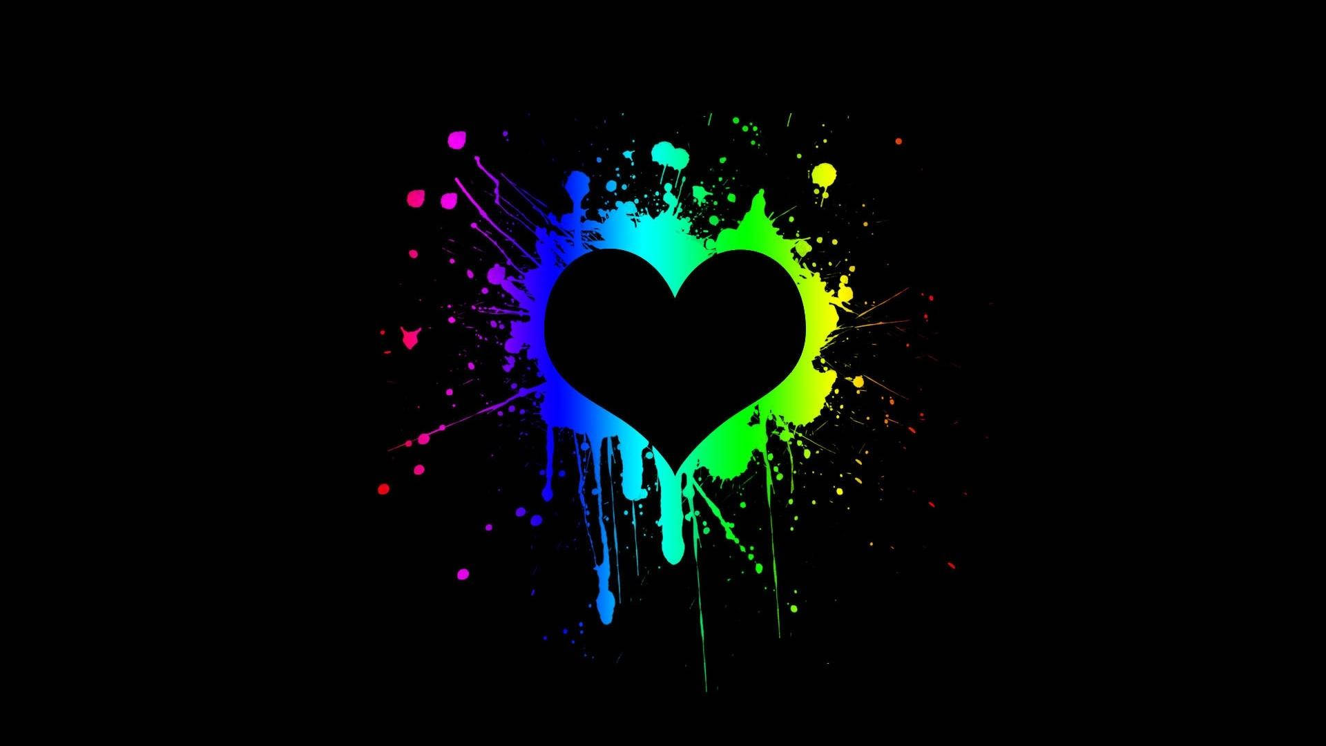 Black Heart, heart silhouette, rainbow paint splatters, Full HD Desktop Wallpaper