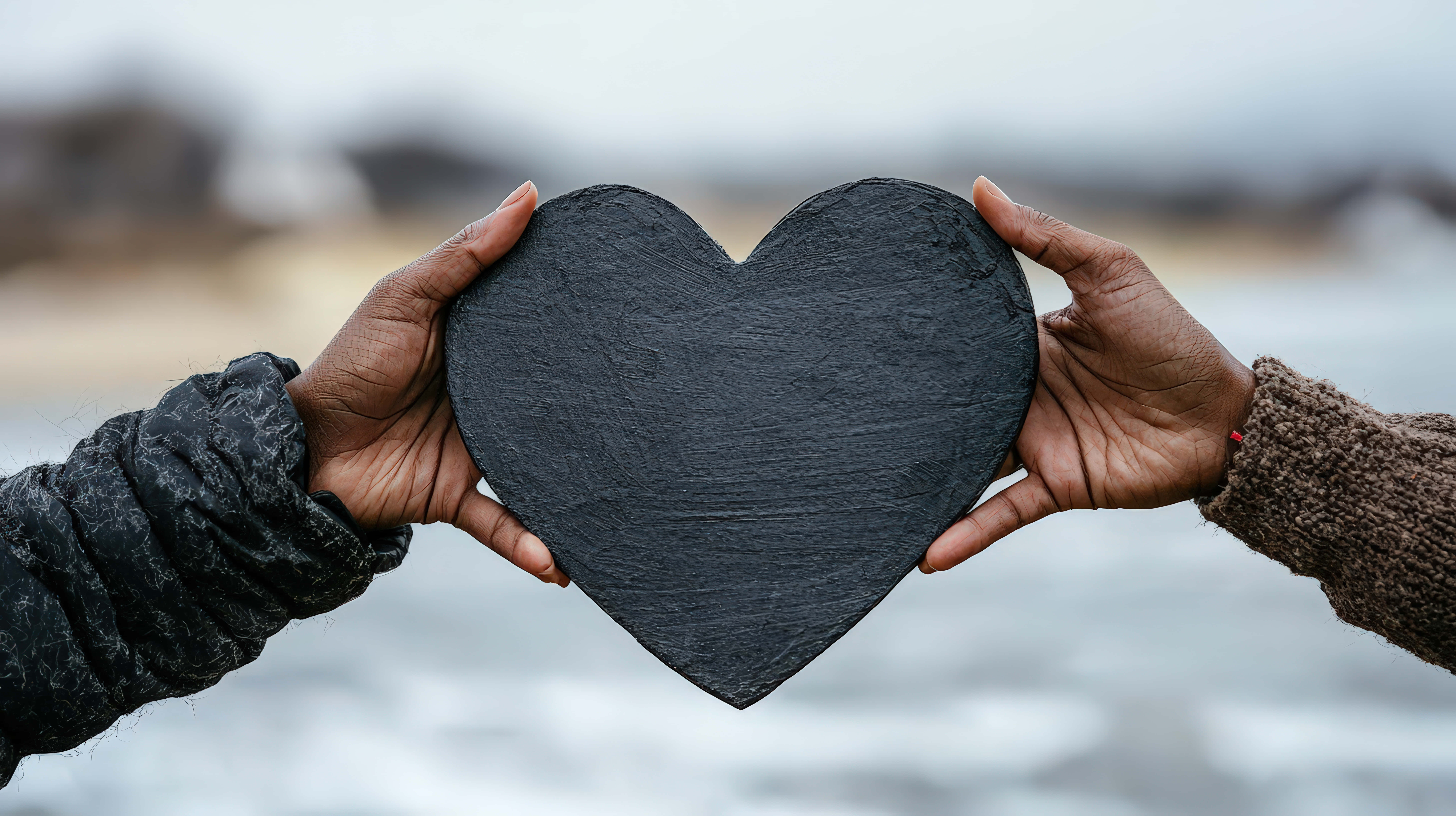 black heart-shaped object, dark gray heart-shaped stone, beach backdrop, 8K Desktop Wallpaper