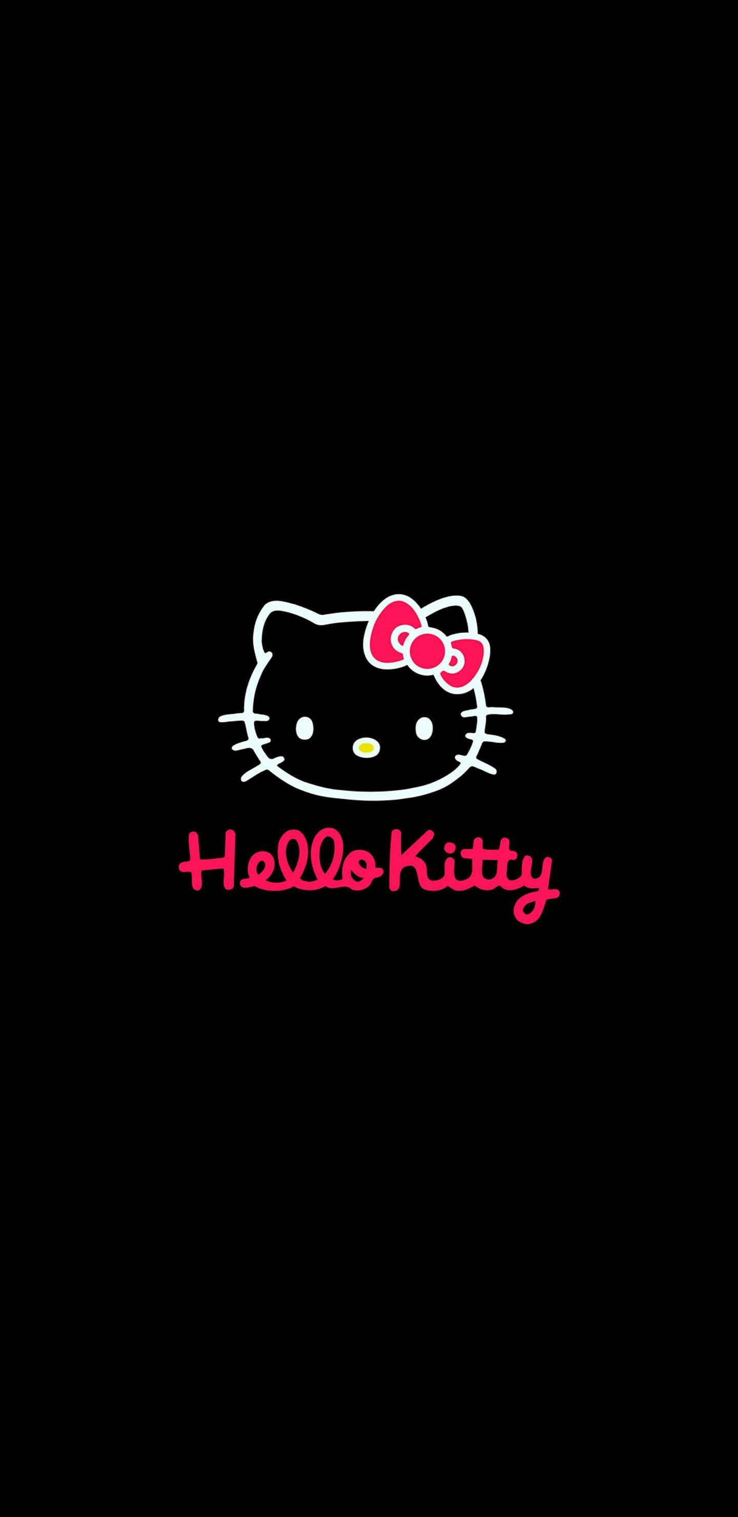 Black Hello Kitty, white outline, pink bow, 2K Phone Wallpaper