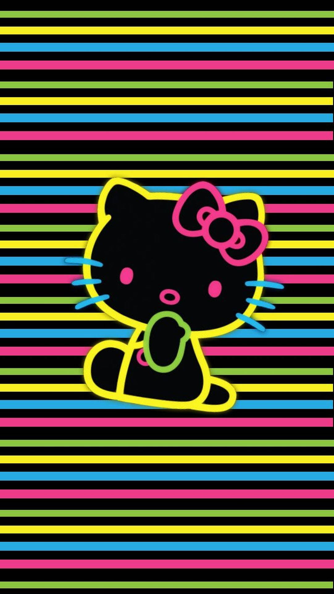 Black Hello Kitty, pink bow, vibrant multicolored striped background, Full HD Phone Wallpaper