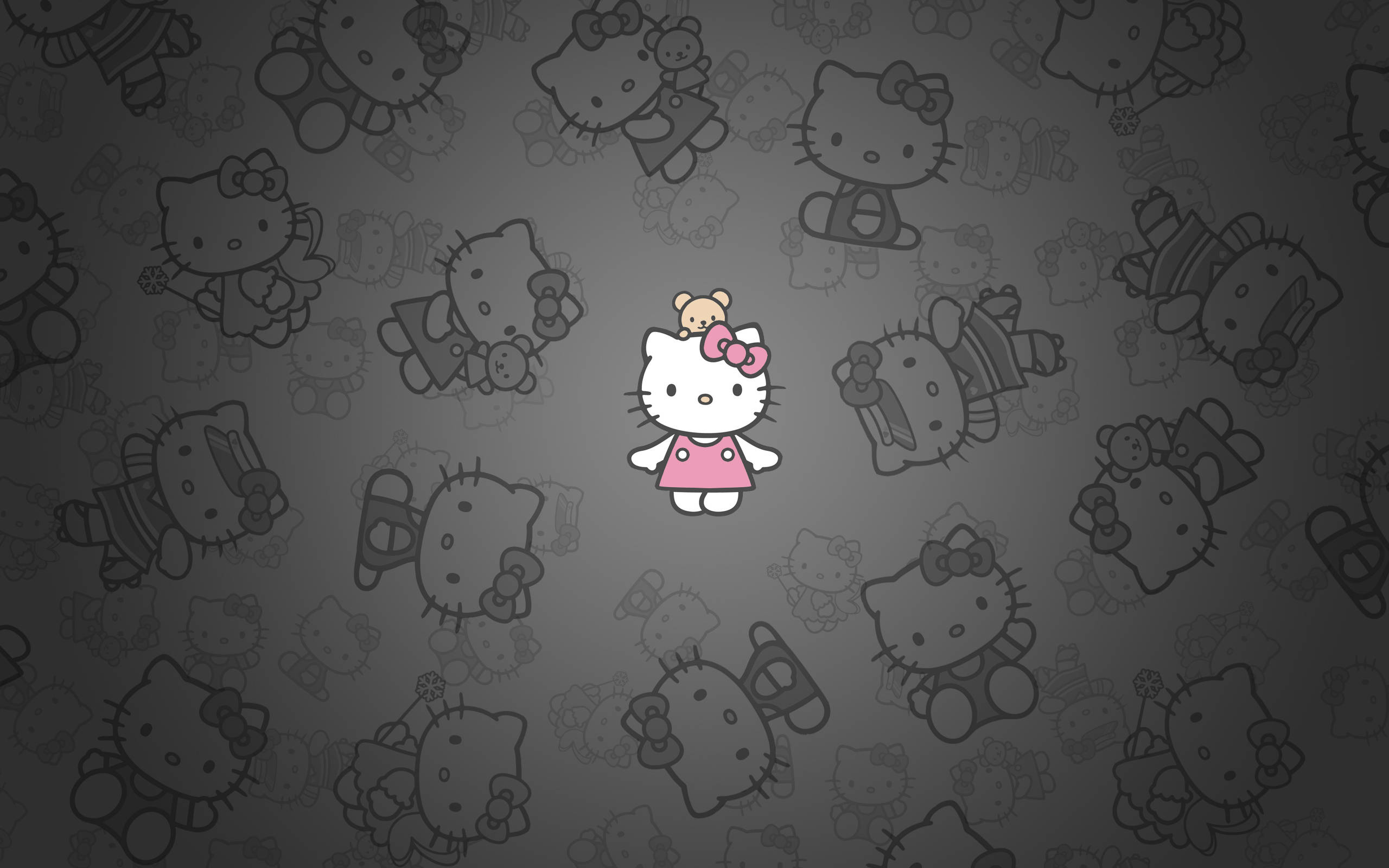 Black Hello Kitty, Hello Kitty, grayscale pattern, 2K Desktop Wallpaper