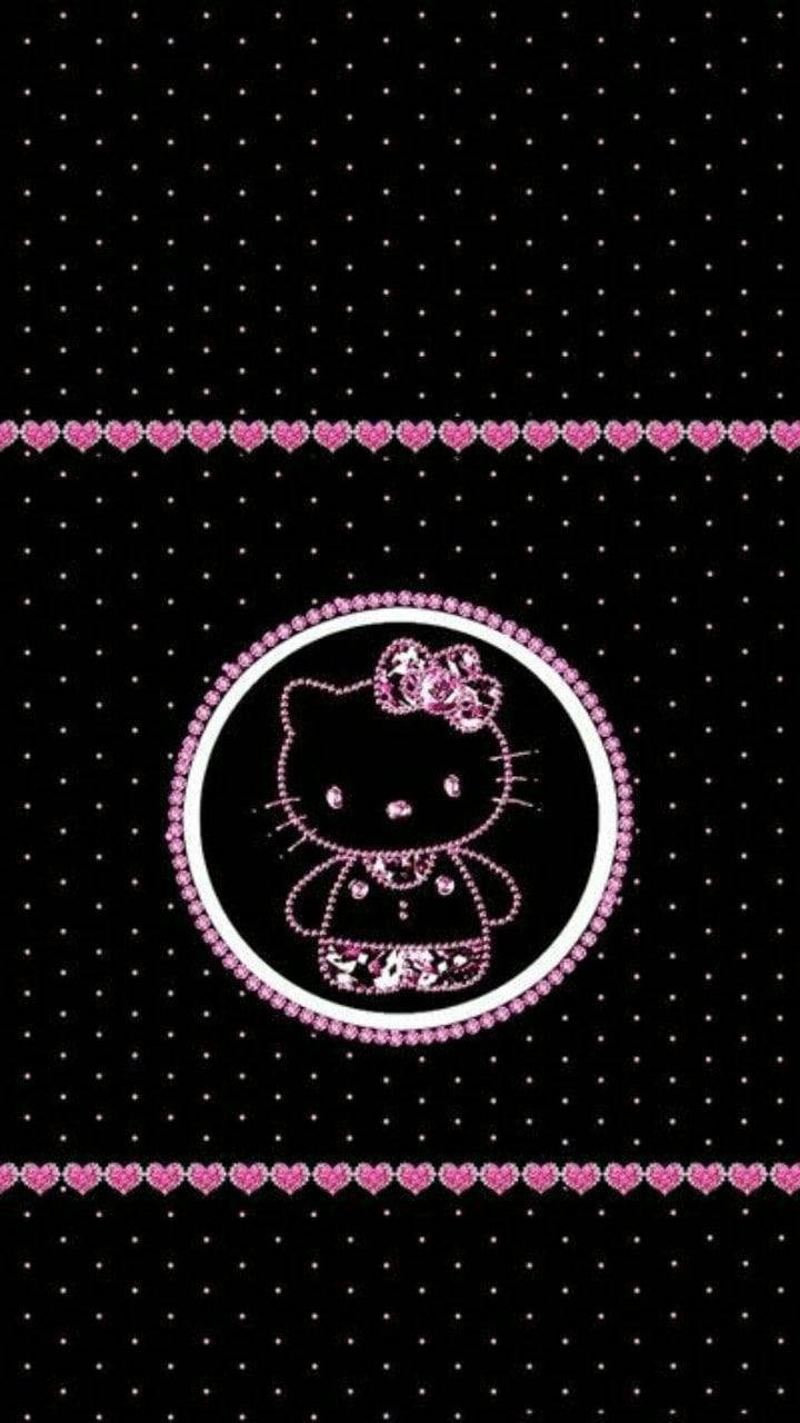 Hello Kitty, black polka dot background, pink glitter outline, HD Phone Wallpaper
