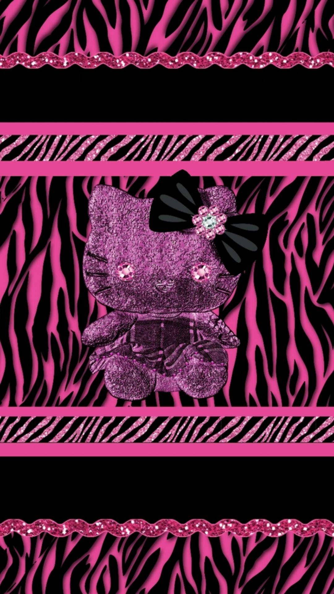 Hello Kitty, black bow, glittery pink, Full HD Phone Wallpaper
