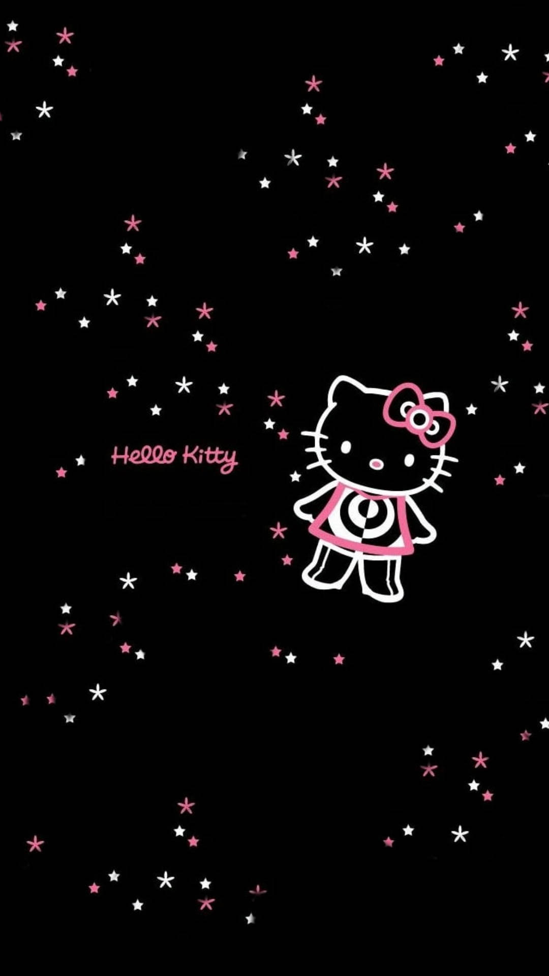 Black Hello Kitty, pink dress, pink and white stars, Full HD Phone Wallpaper