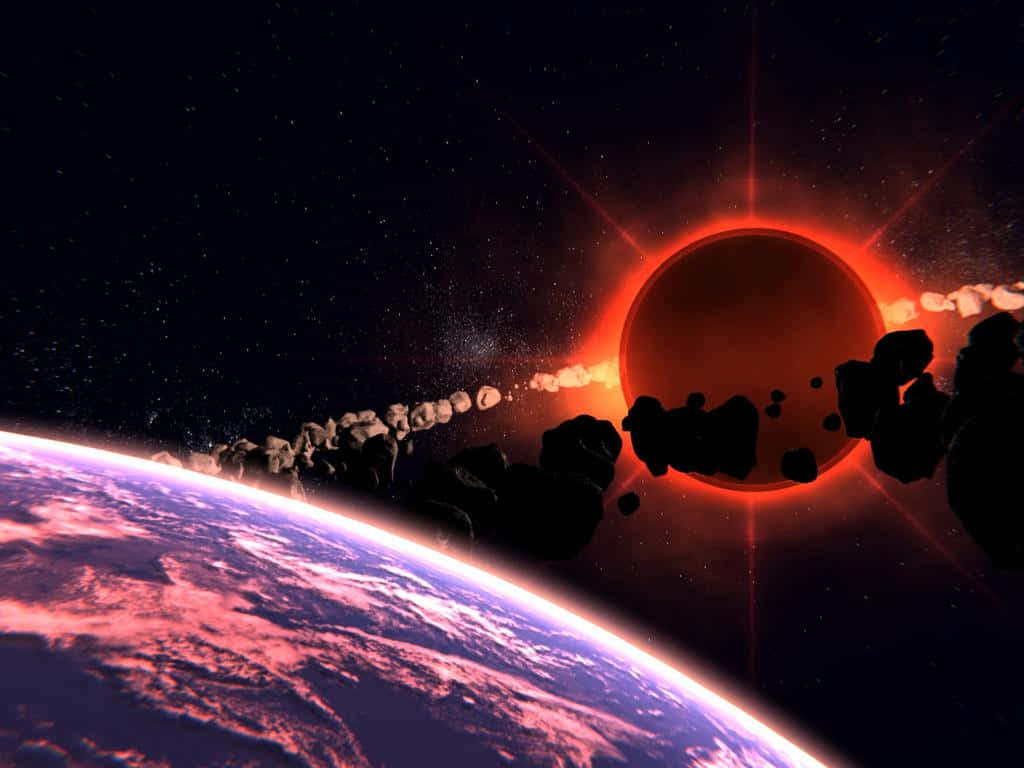 Black Hole Sun, fiery red sun, planet with glowing rings, SD Desktop Wallpaper