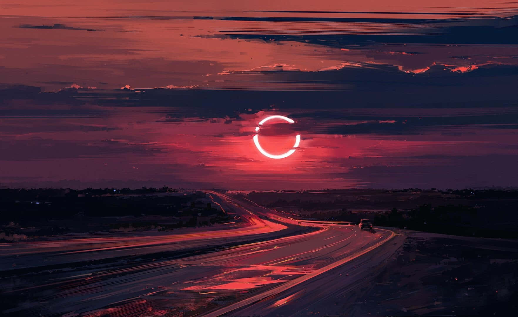 Black Hole Sun, red annular solar eclipse, winding highway, HD Desktop Wallpaper