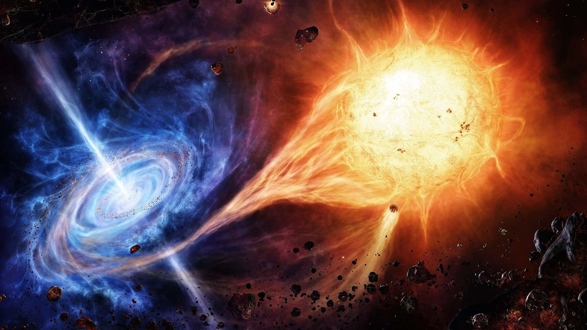 Black Hole Sun, fiery orange star, swirling blue galaxy, Full HD Desktop Wallpaper