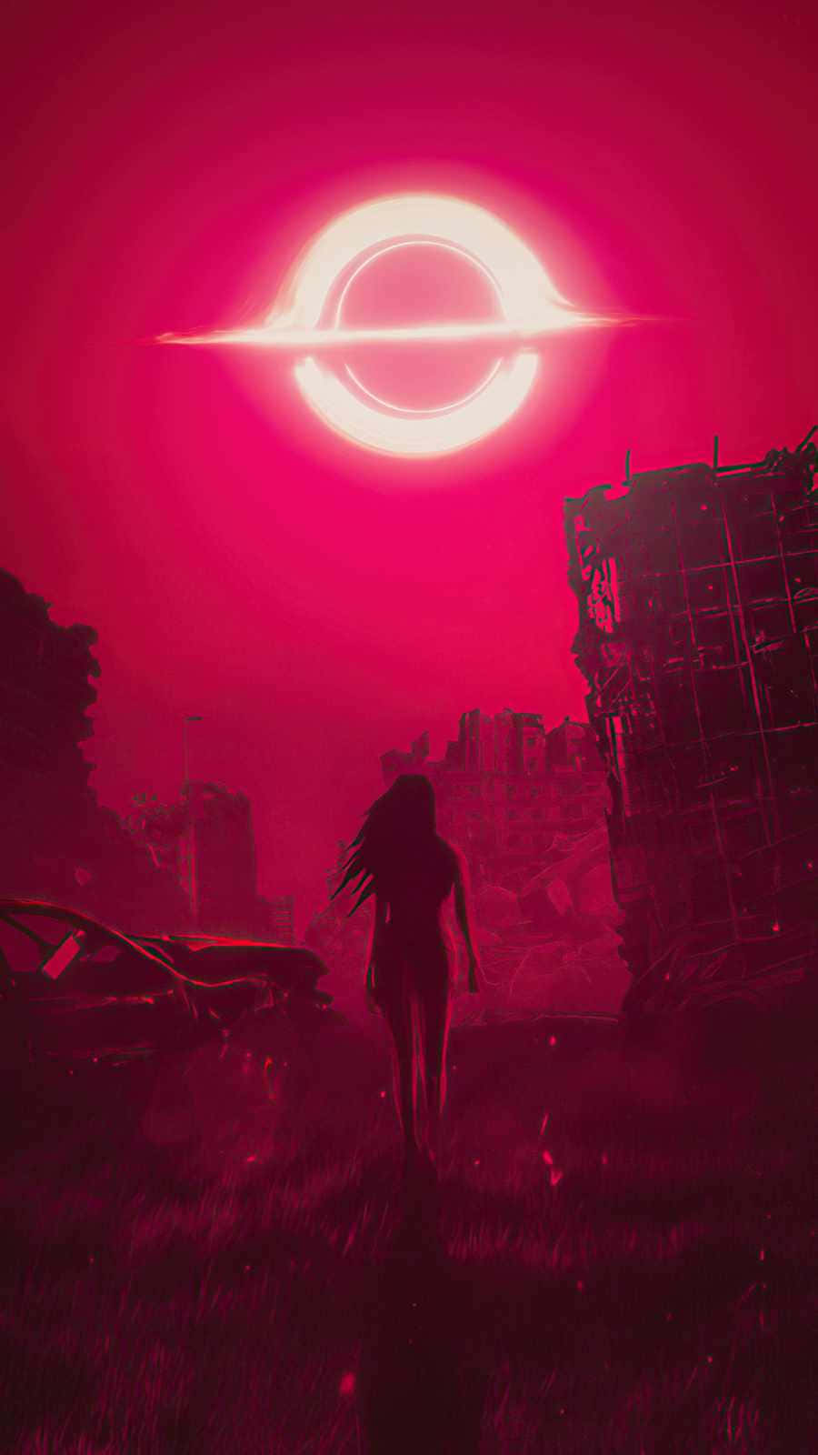 Black Hole Sun, pink ringed sun, ruined city, HD Phone Wallpaper