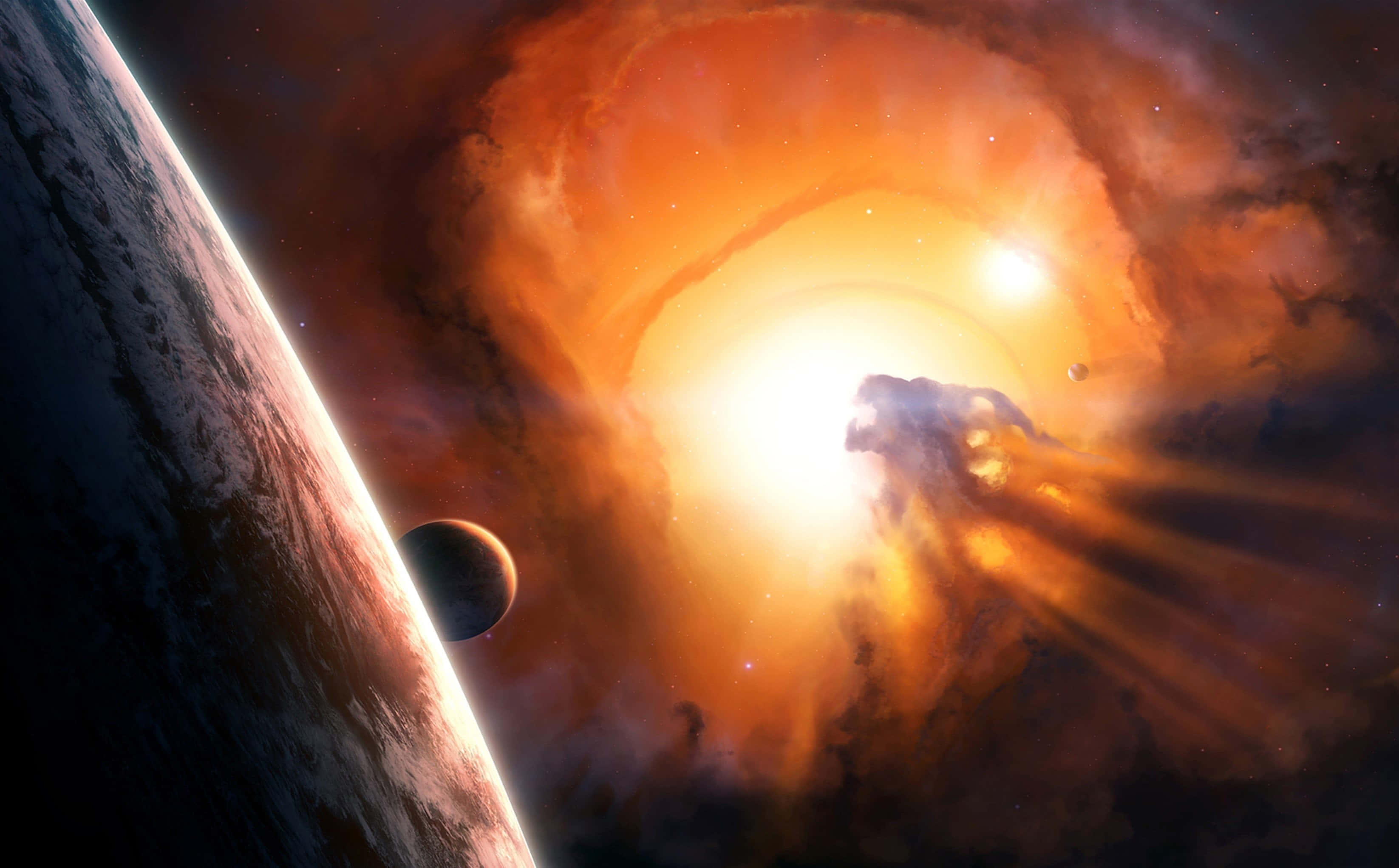 Black Hole Sun, fiery orange light, planet, 2K Desktop Wallpaper