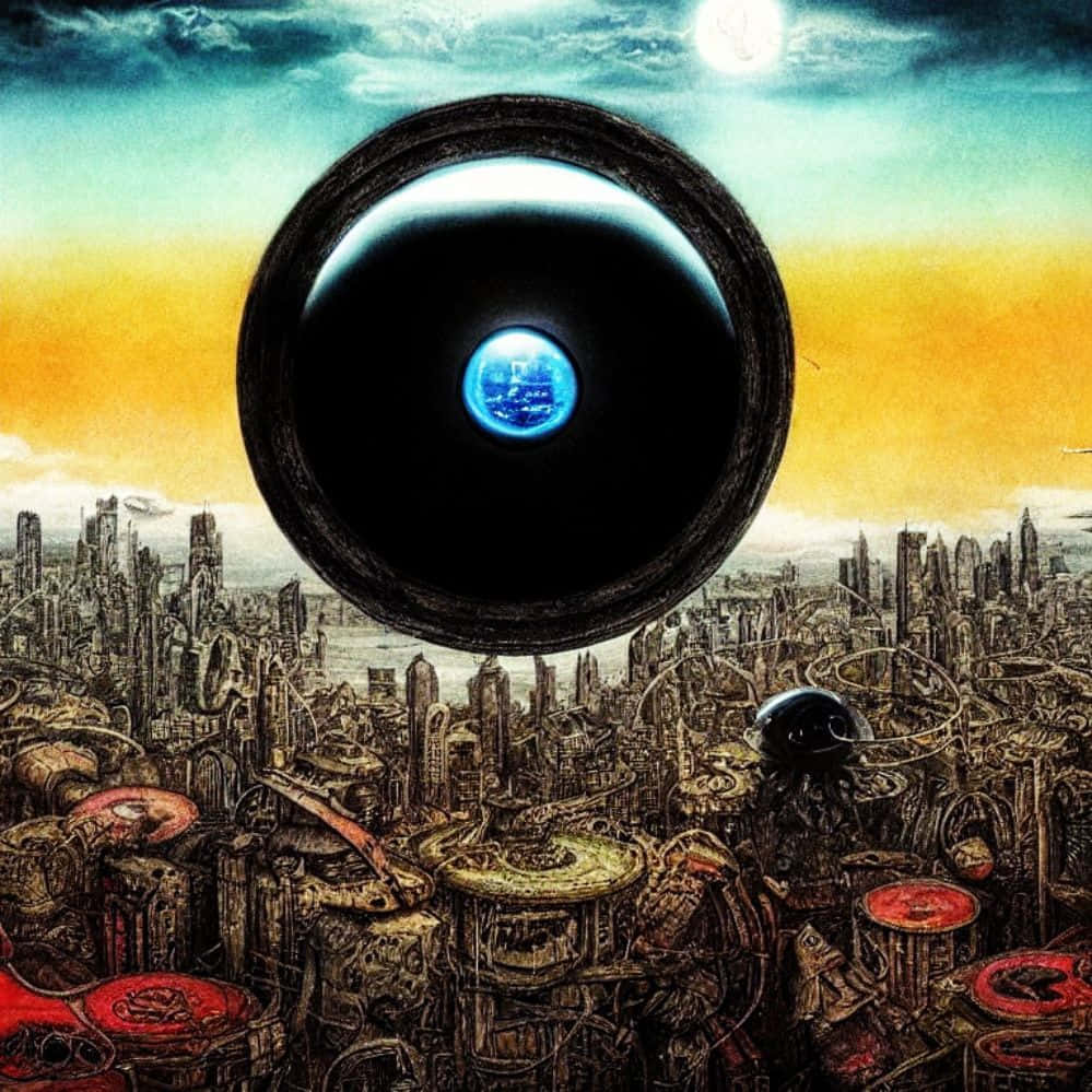 Black Hole Sun, glowing blue planet pupil, futuristic cityscape, SD Desktop Wallpaper