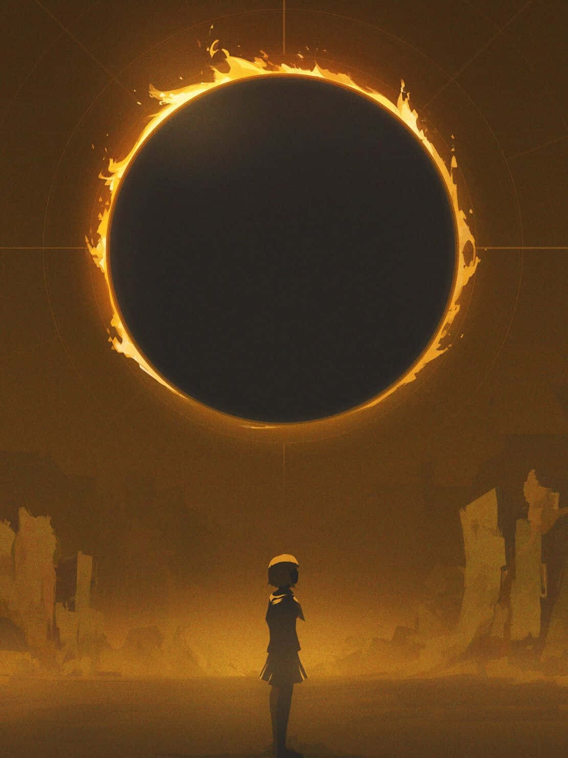 Black Hole Sun, fiery ring eclipse, desolate ruinous landscape, HD Phone Wallpaper