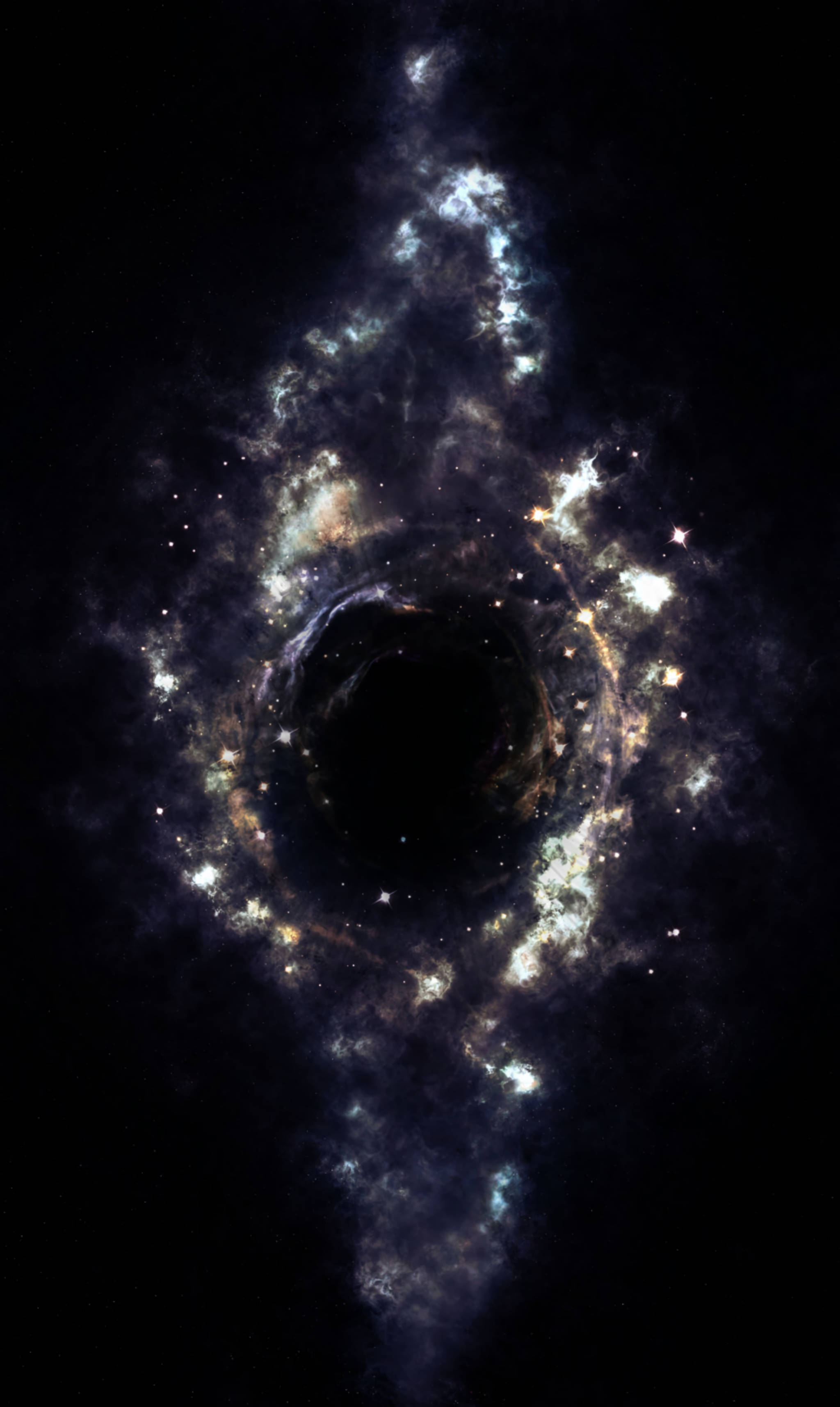 black hole, blue and white nebulae, glowing stars, 2K Phone Wallpaper
