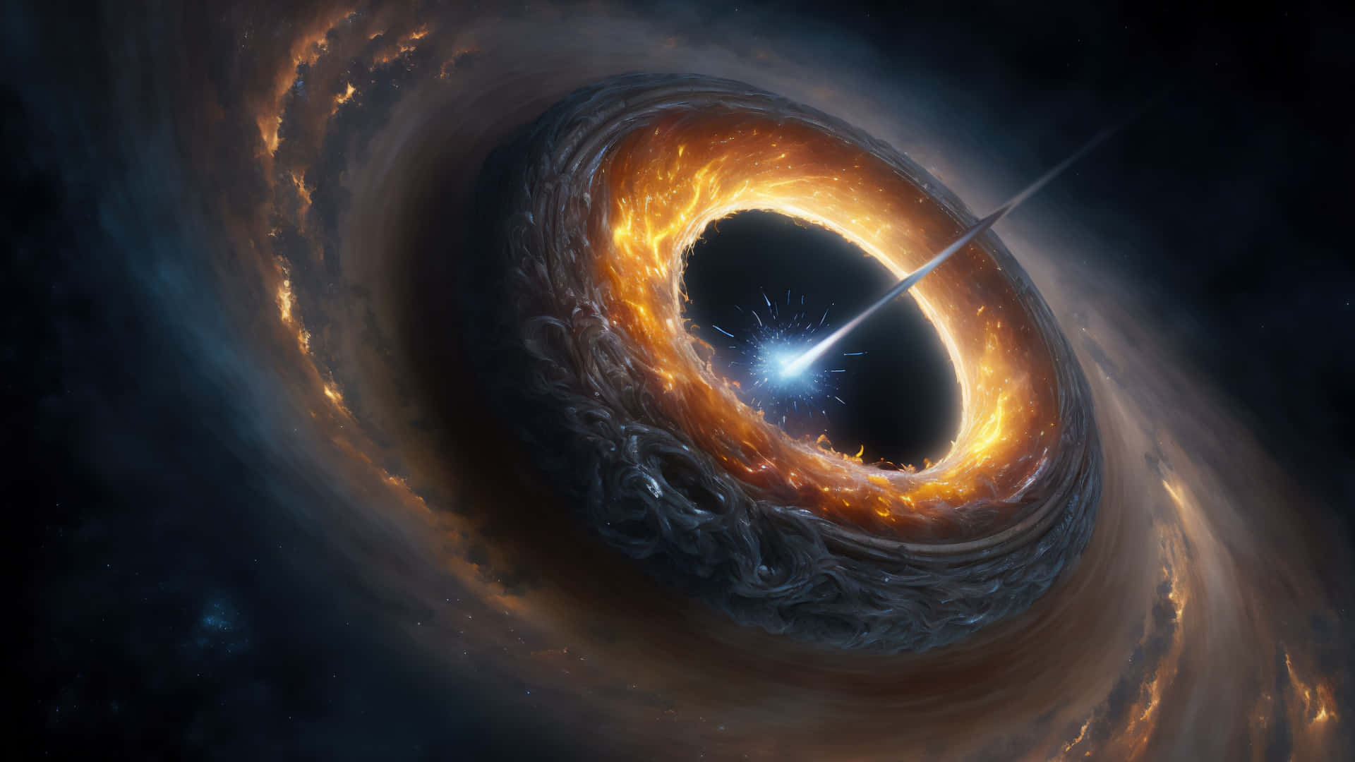 black hole, glowing orange accretion disk, bright blue star, Full HD Desktop Wallpaper