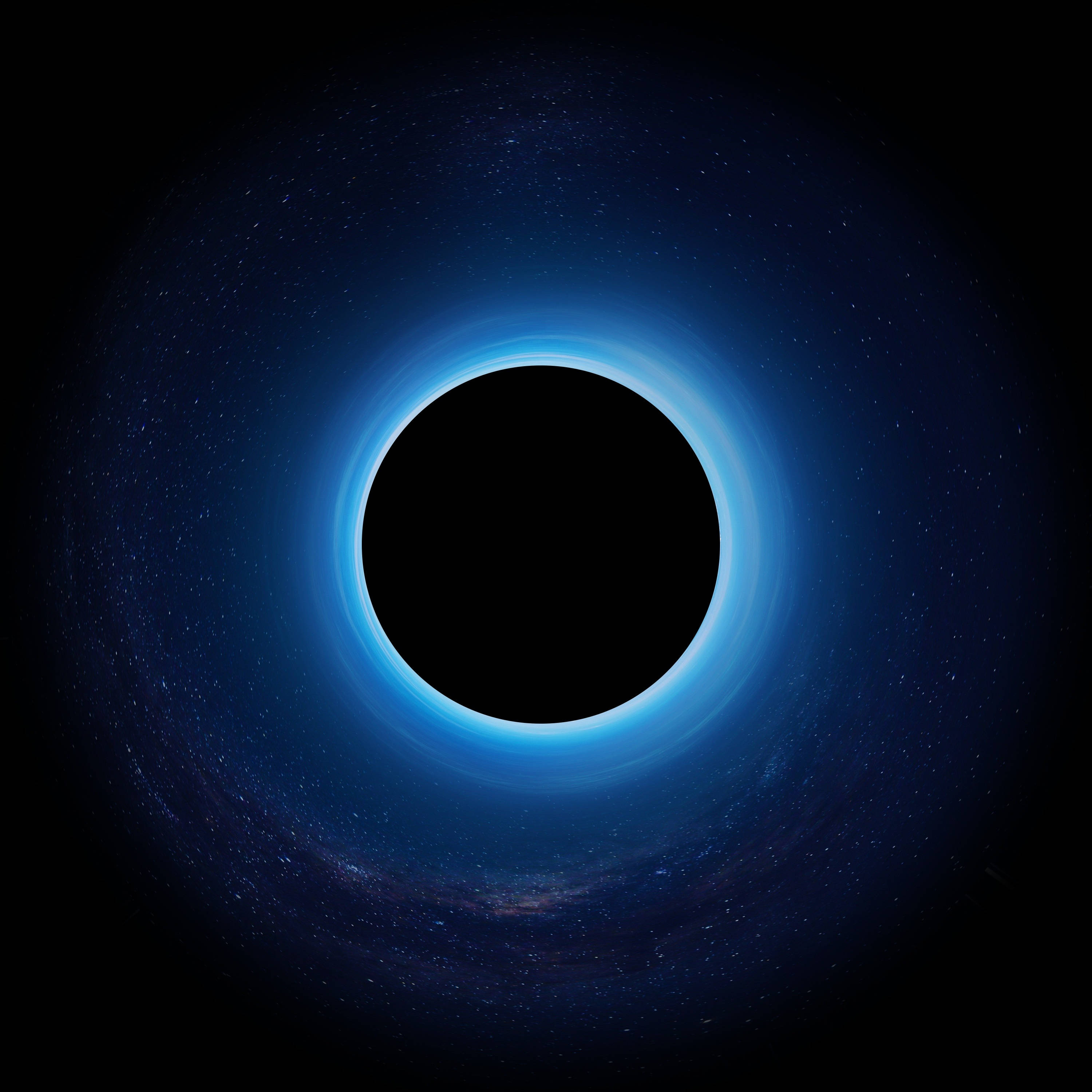 blue spherical black hole, glowing blue accretion disk, starry deep space background, 2K Desktop Wallpaper