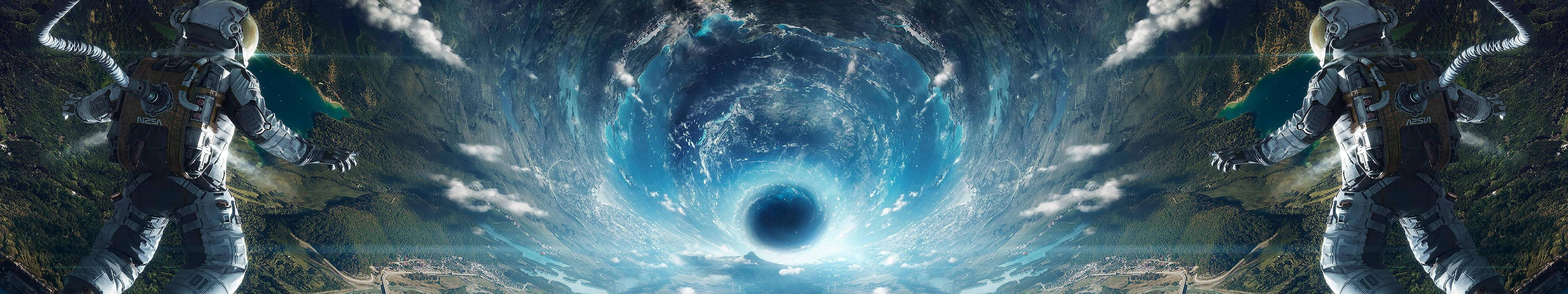 astronauts, swirling cosmic vortex, black hole, 5K Desktop Wallpaper