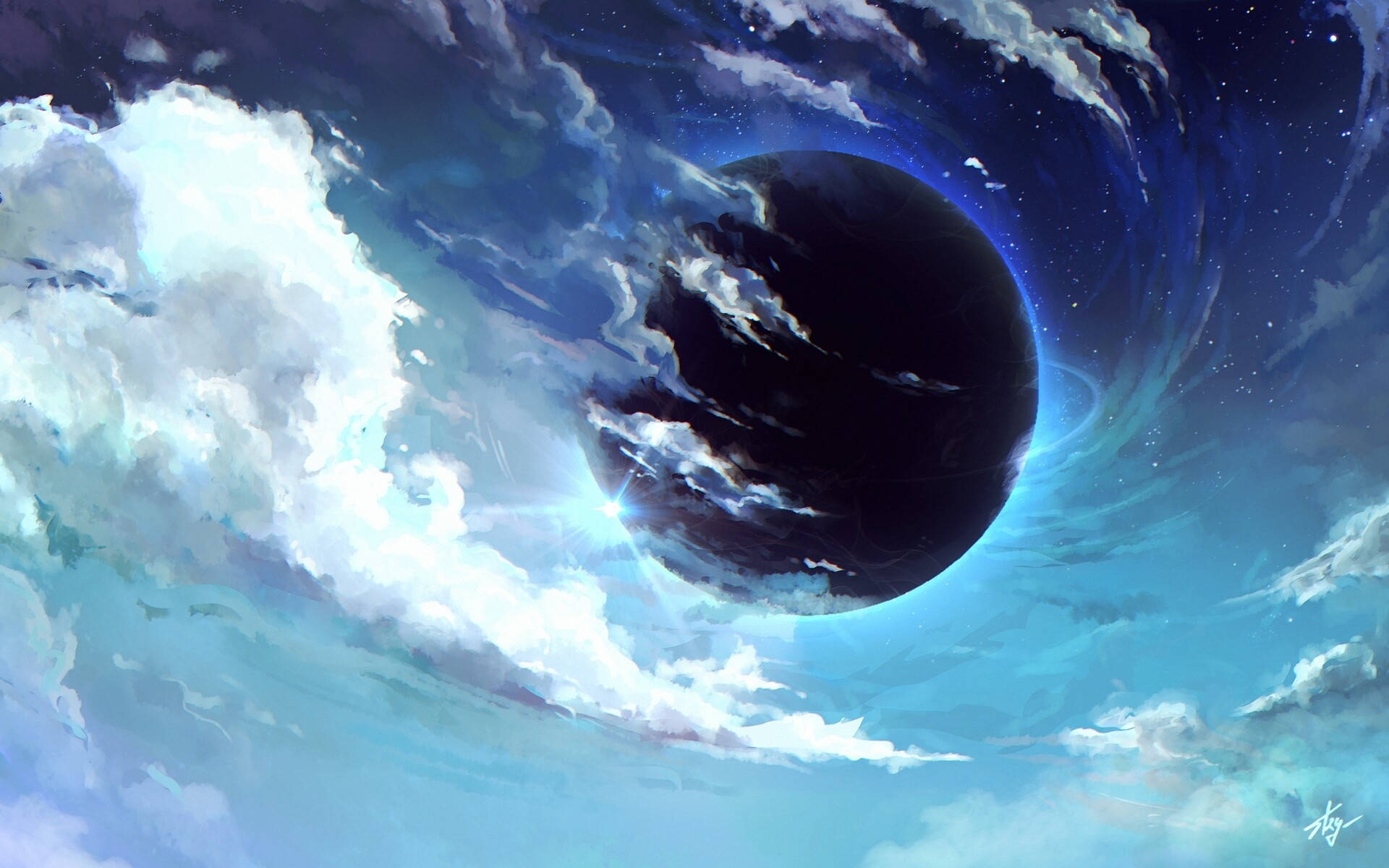 Black Hole, swirling blue and white clouds, starry sky, Full HD Desktop Wallpaper