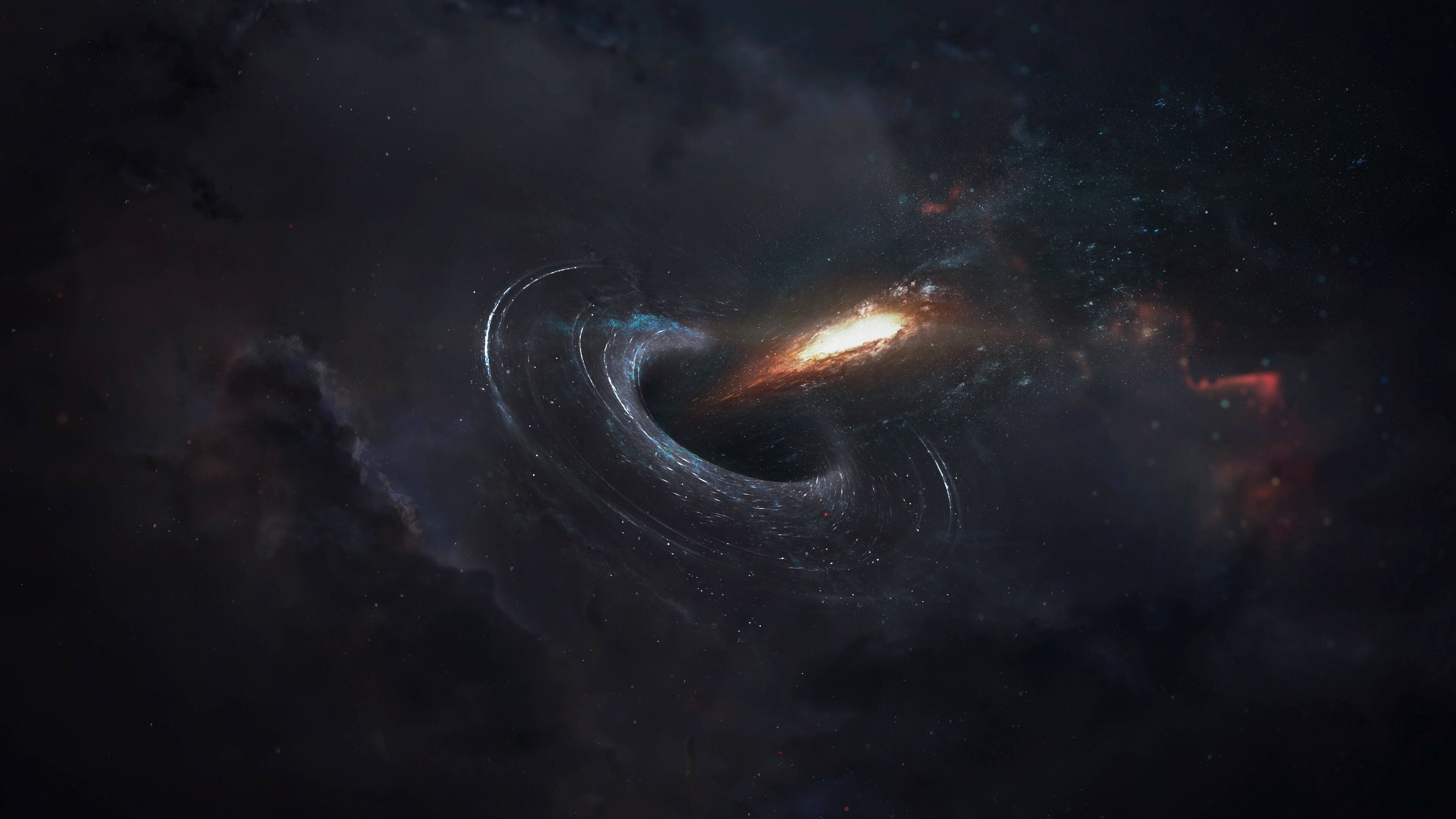 black hole, swirling accretion disk, glowing orange and blue, 4K Desktop Wallpaper