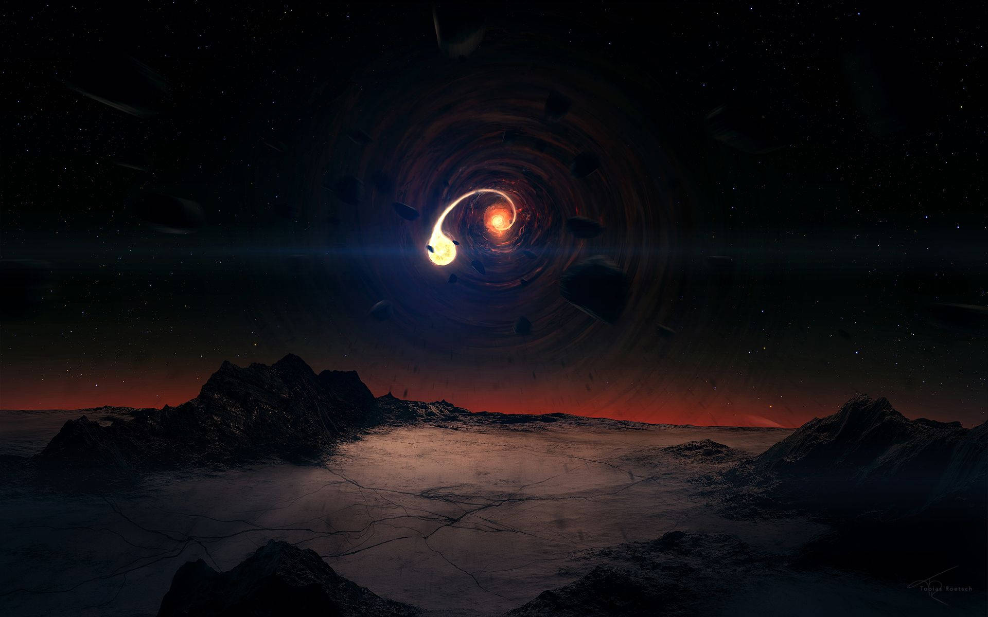 rocky planet, black hole, glowing orange and white cores, Full HD Desktop Wallpaper