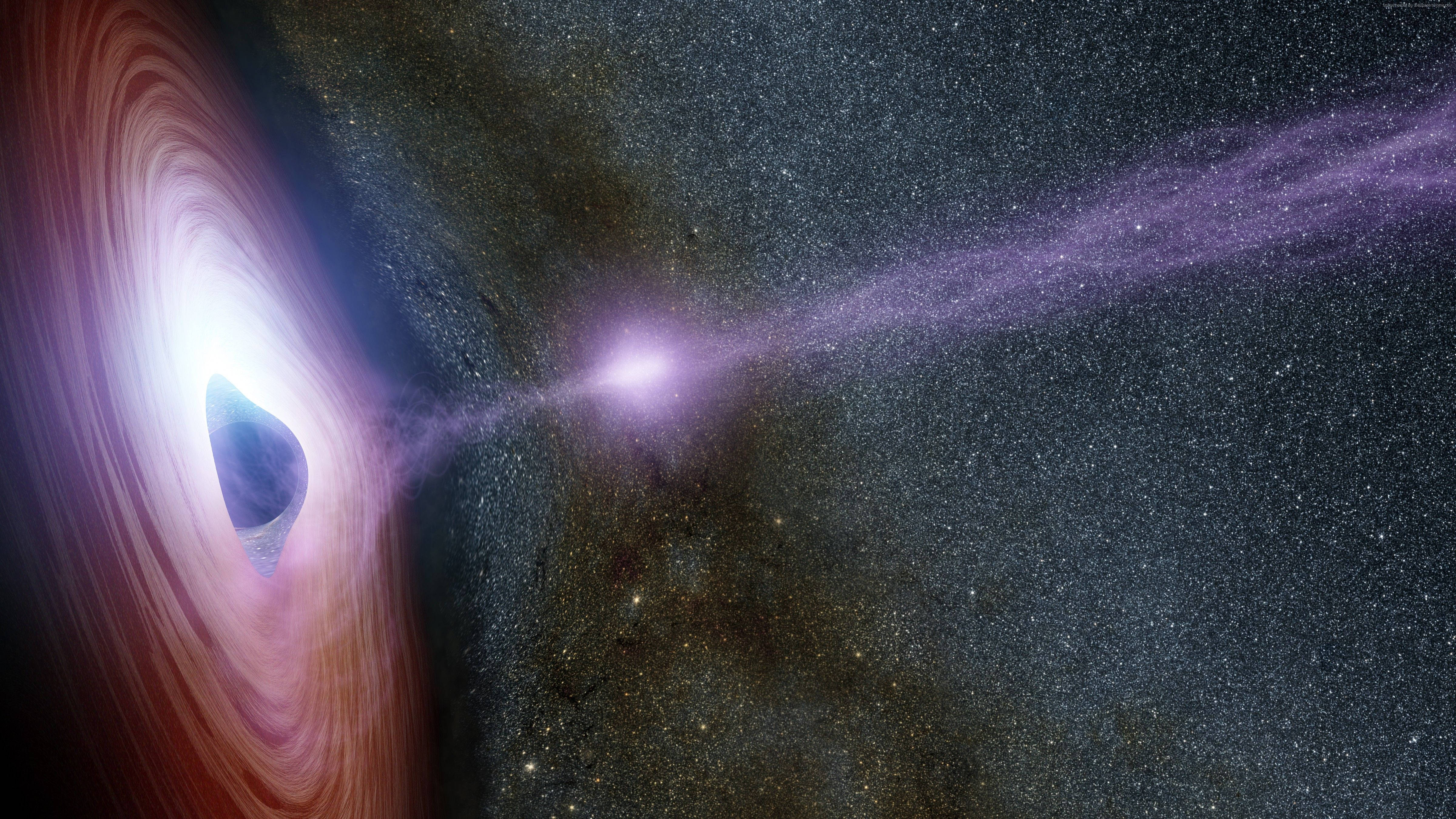gravity pulling black hole, glowing accretion disk, purple jet streams, 4K Desktop Wallpaper