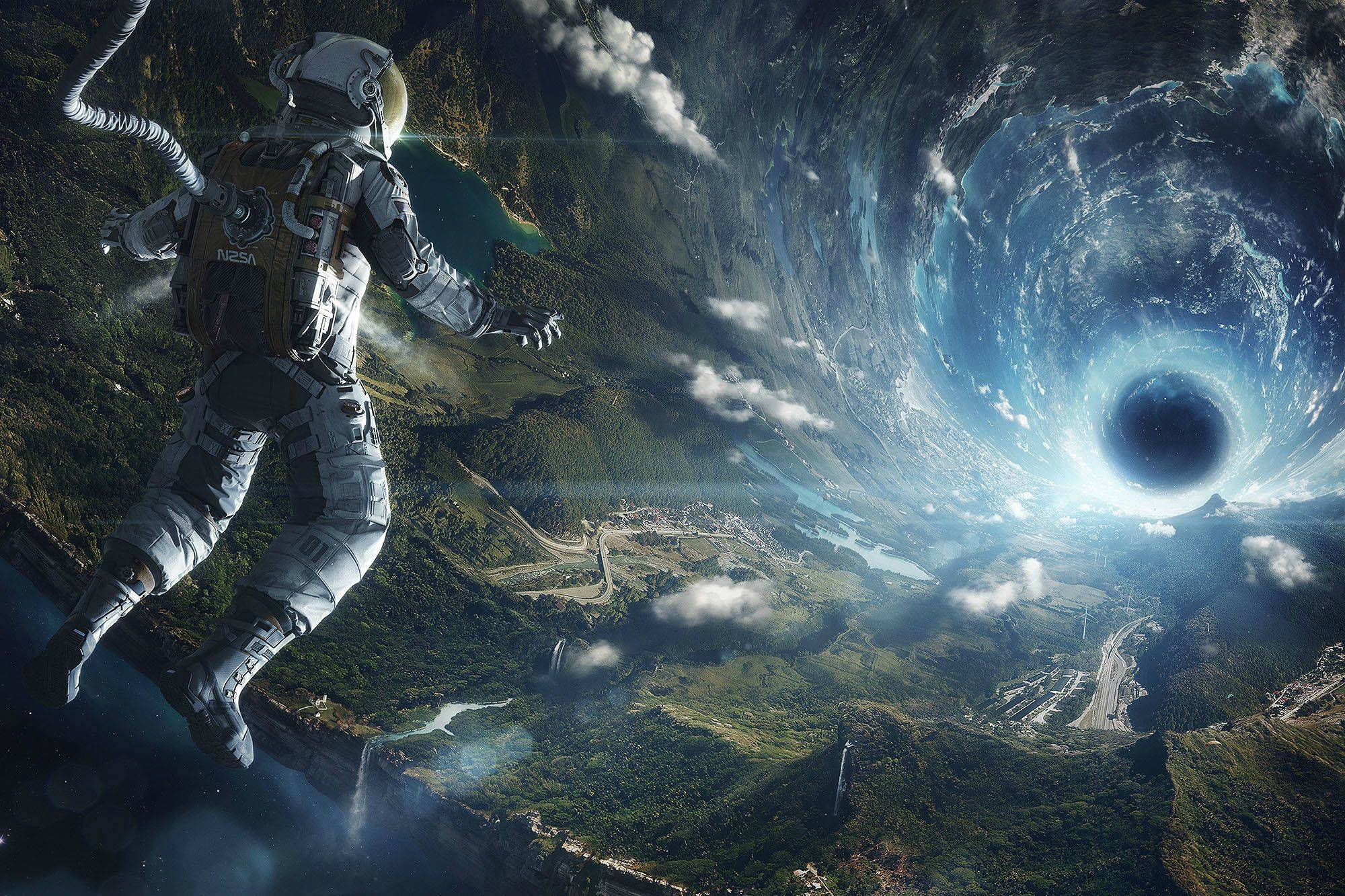 astronaut, lush green planet, massive swirling black hole, Full HD Desktop Wallpaper