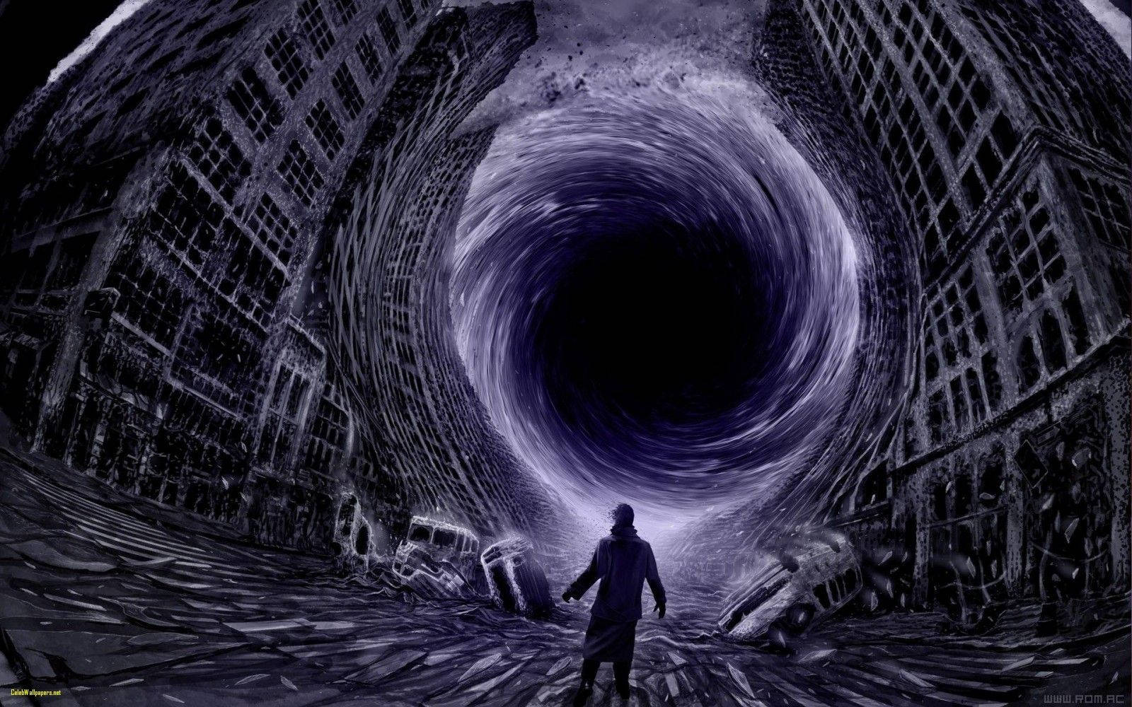 Black Hole, urban canyon, swirling cosmic vortex, HD Desktop Wallpaper