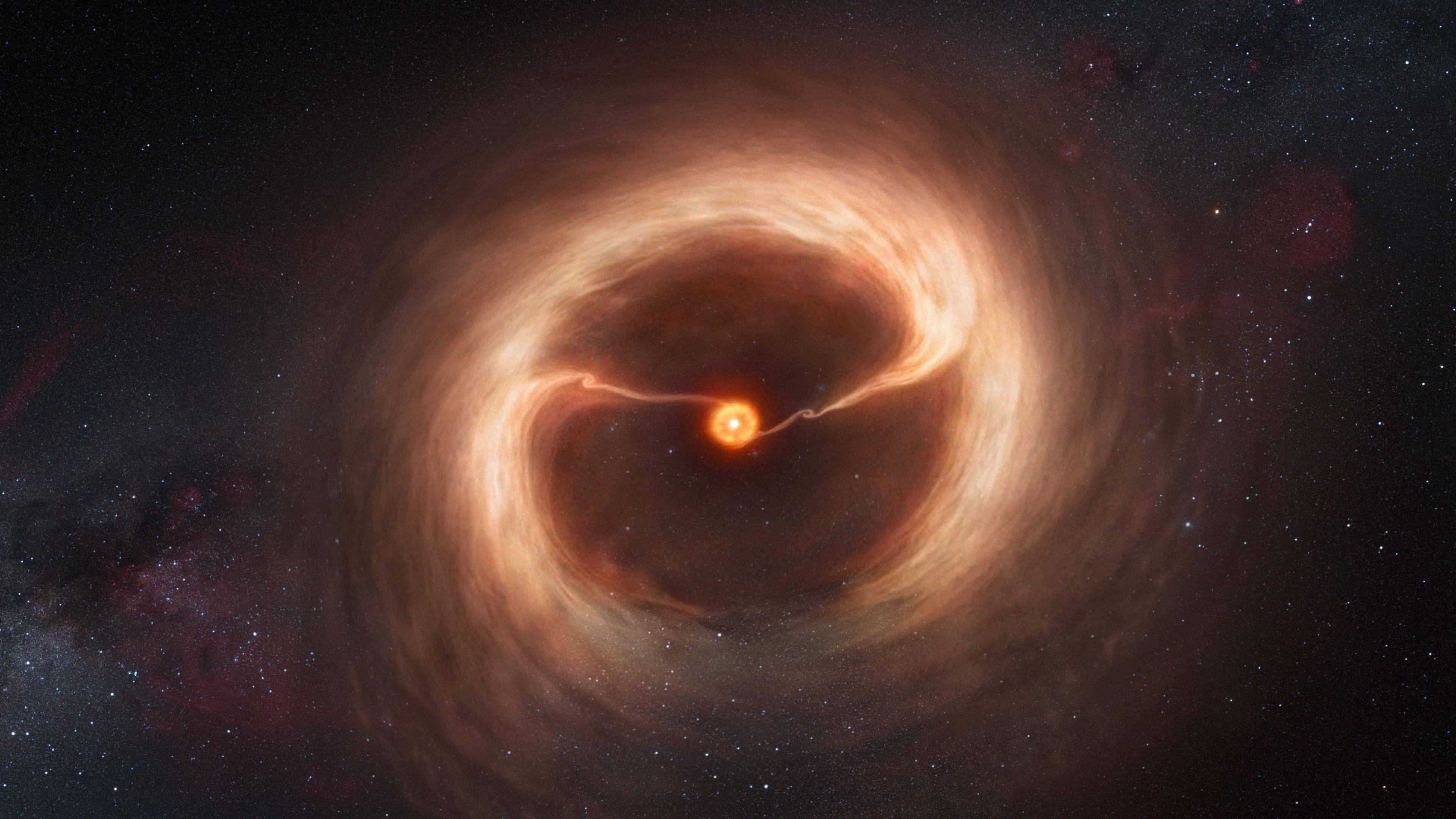 Black Hole, swirling accretion disk, glowing orange gas, 4K Desktop Wallpaper