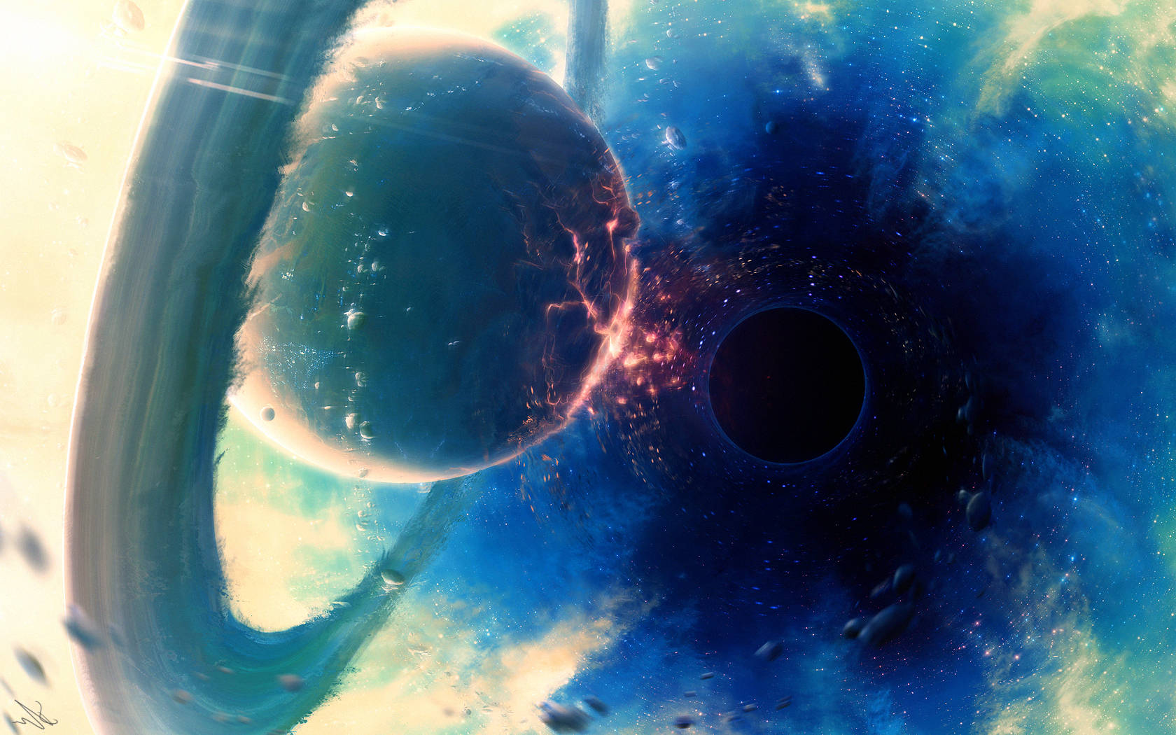 Black Hole, dark blue horizon, planet with rings, HD Desktop Wallpaper