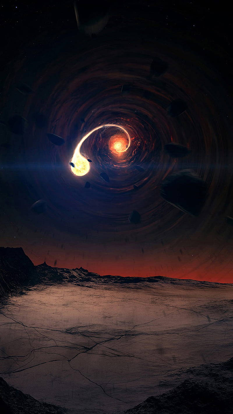Black Hole, cracked alien landscape, glowing celestial body, HD Phone Wallpaper