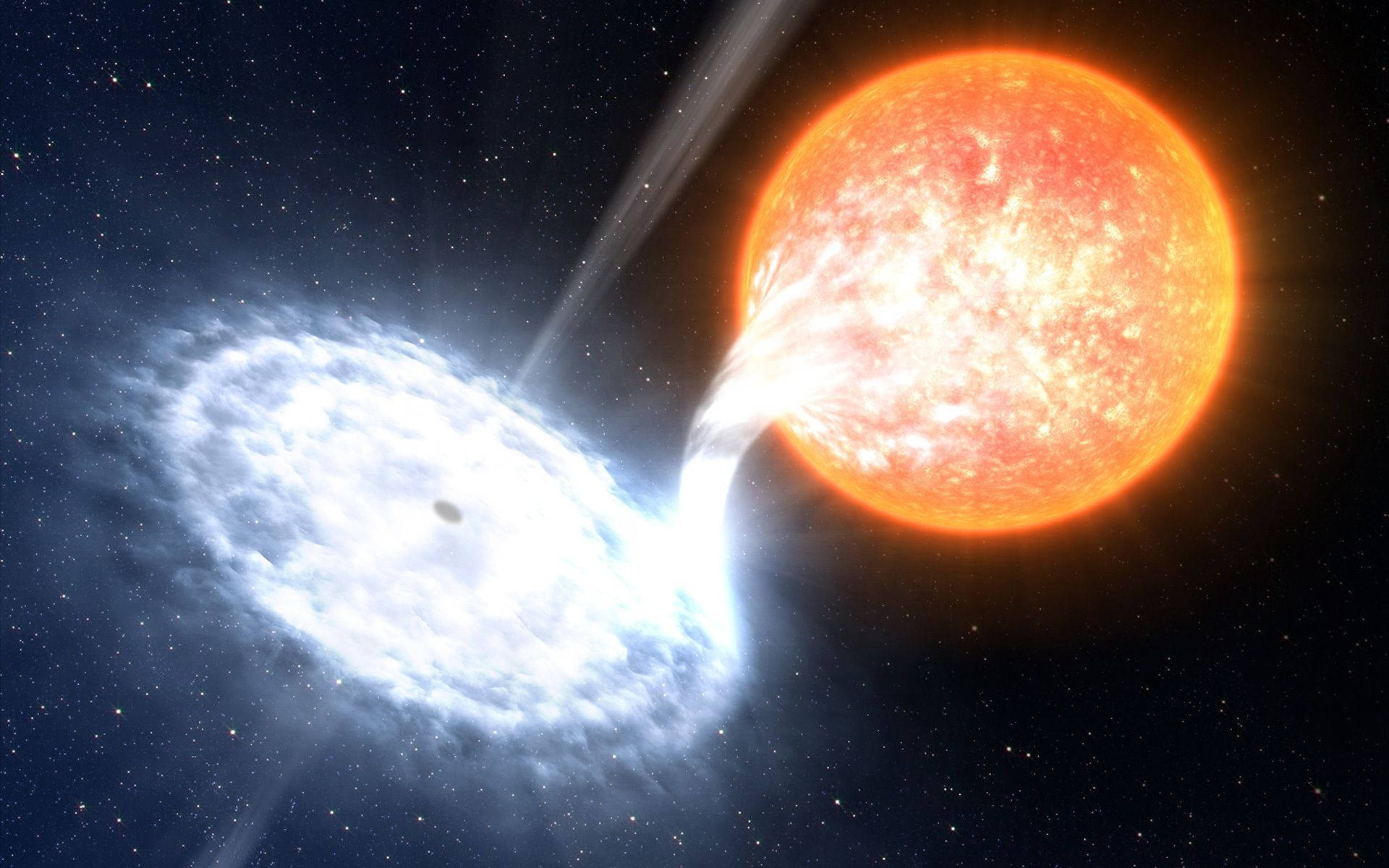 black hole, fiery orange star, luminous stream, Full HD Desktop Wallpaper