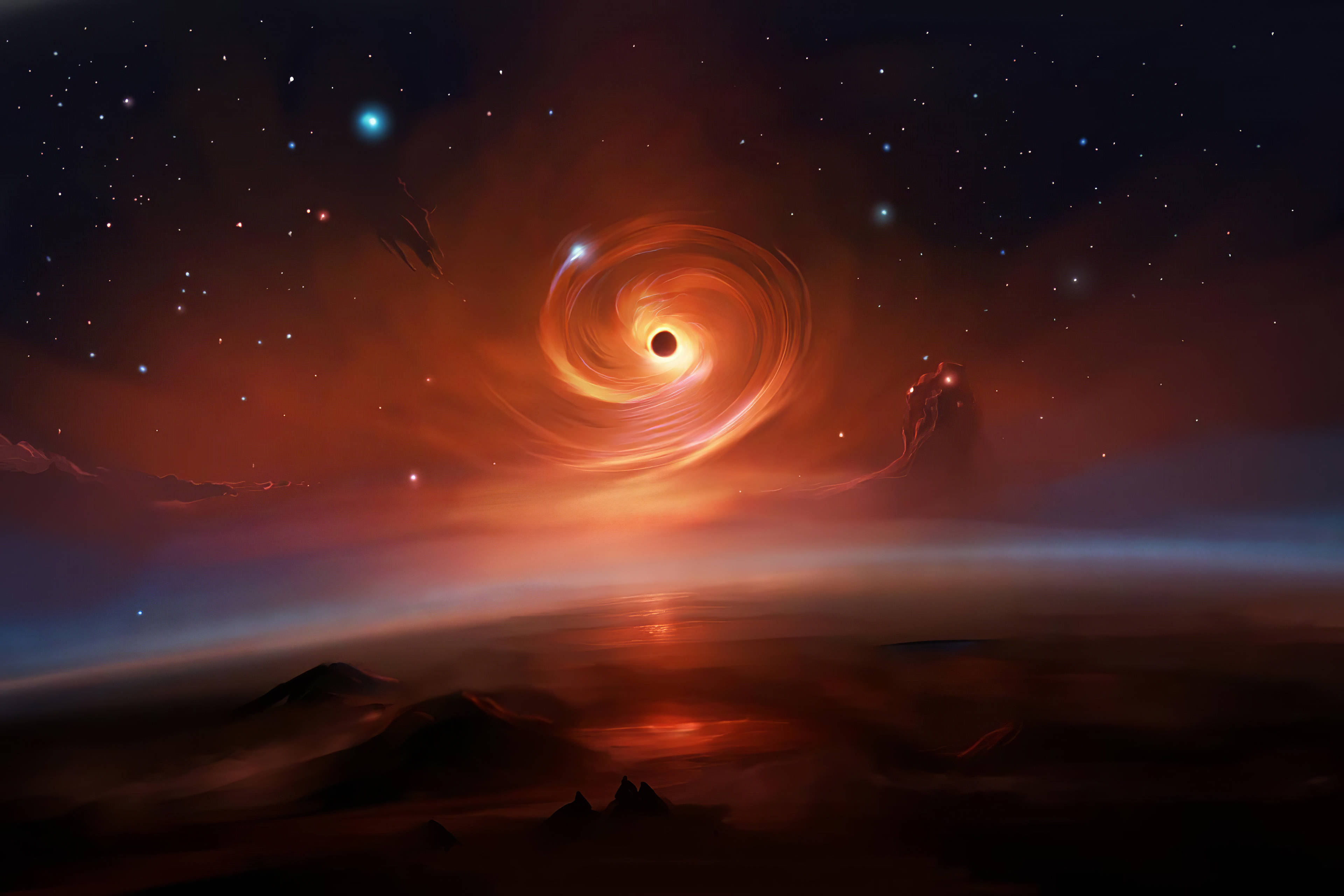 black hole, fiery orange light, dark alien landscape, 4K Desktop Wallpaper