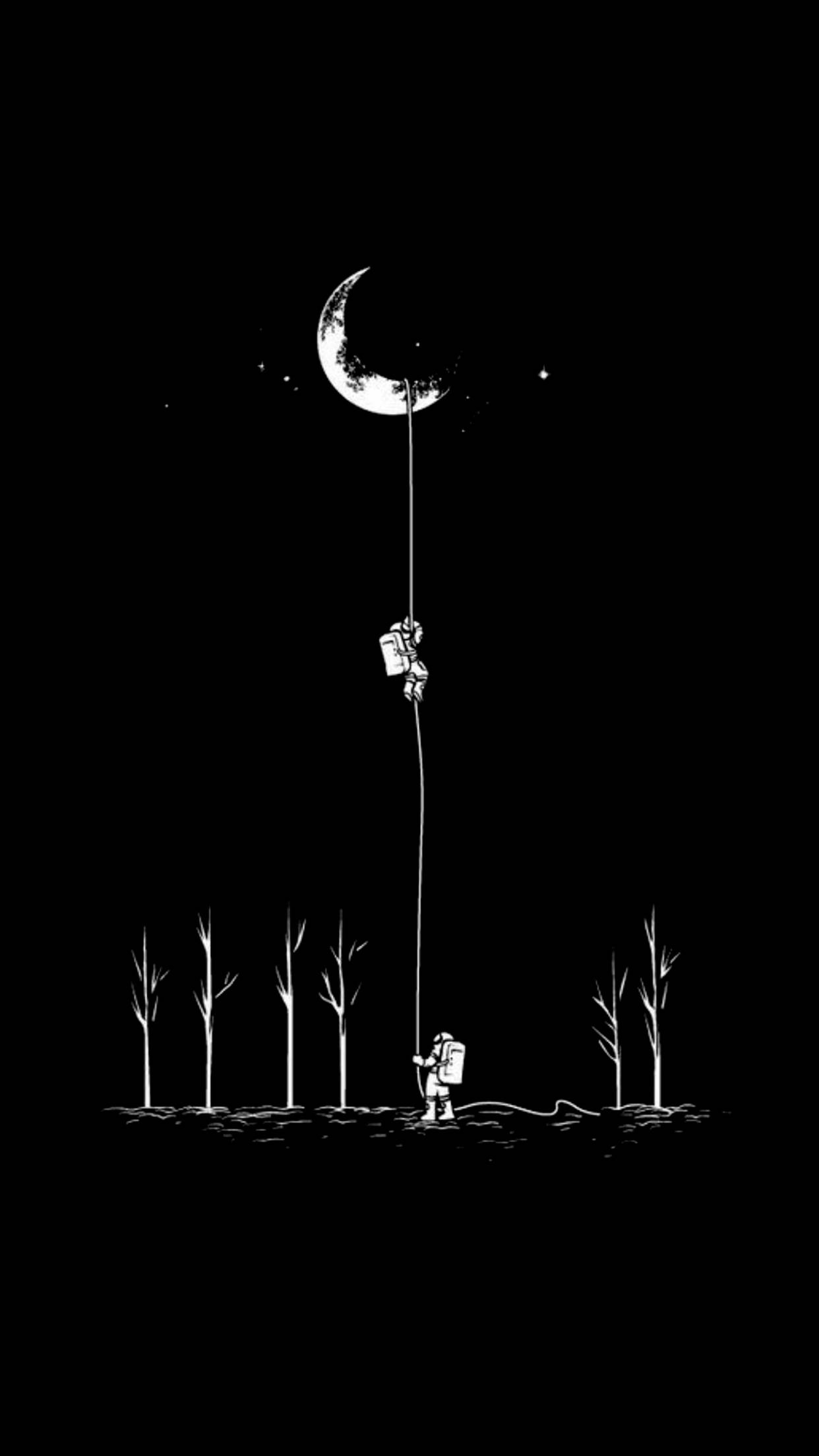 Black iPhone 6 Plus, crescent moon, astronauts, Full HD Phone Wallpaper