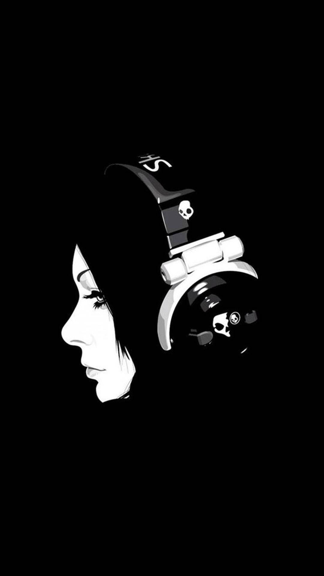 Black iPhone 6 Plus, skull-adorned headphones, black and white illustration, Full HD Phone Wallpaper