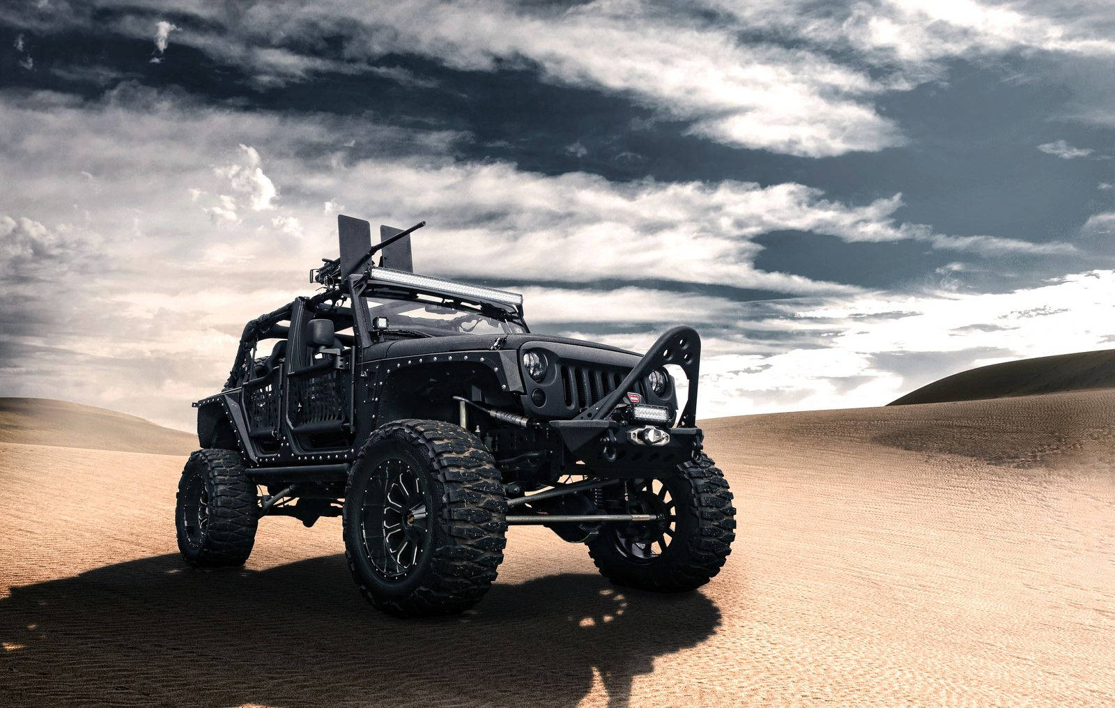 Black Jeep, desert dunes, cloudy sky, HD Desktop Wallpaper