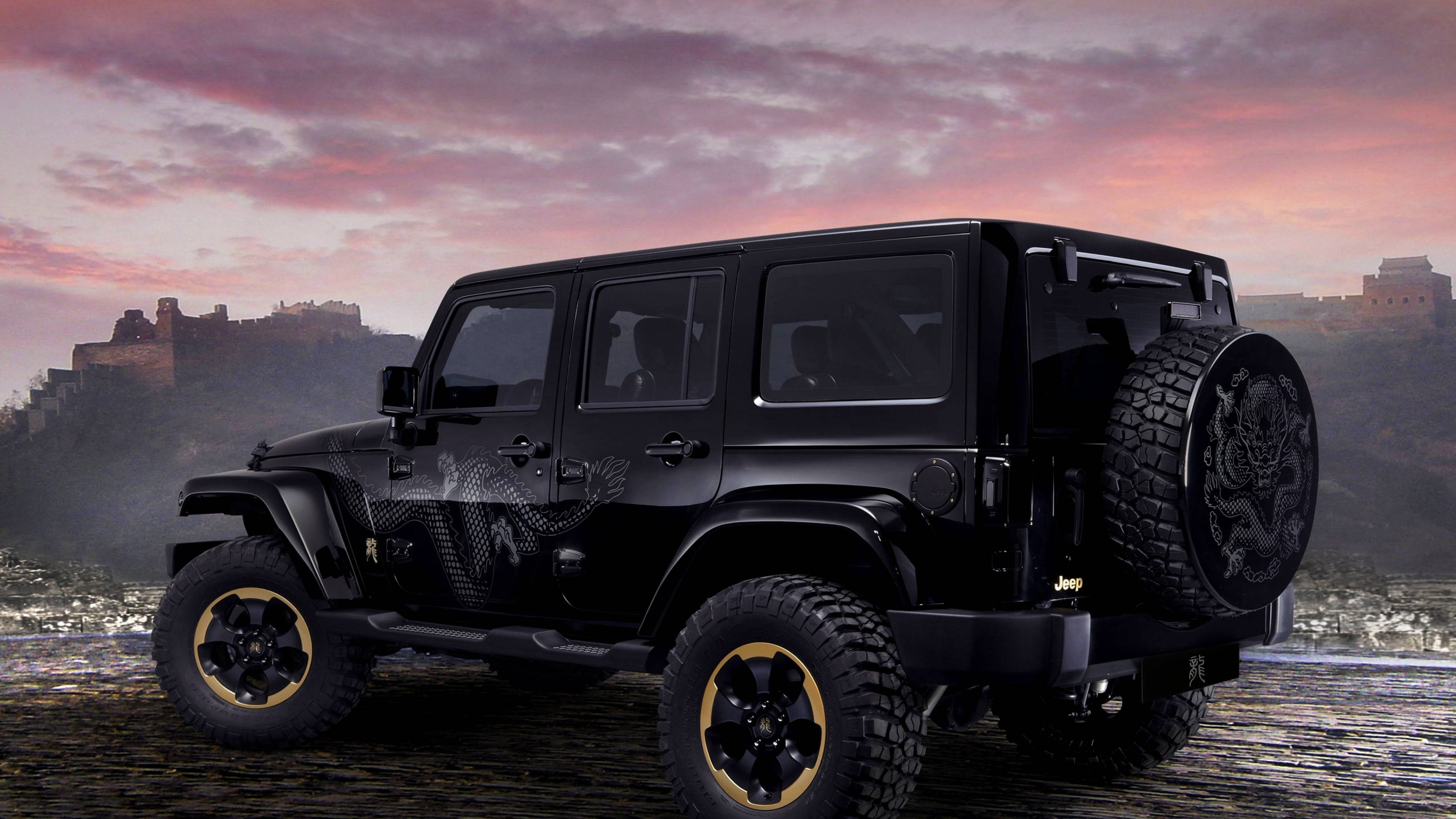 2014 Wrangler, matte black, gold rims, 4K Desktop Wallpaper
